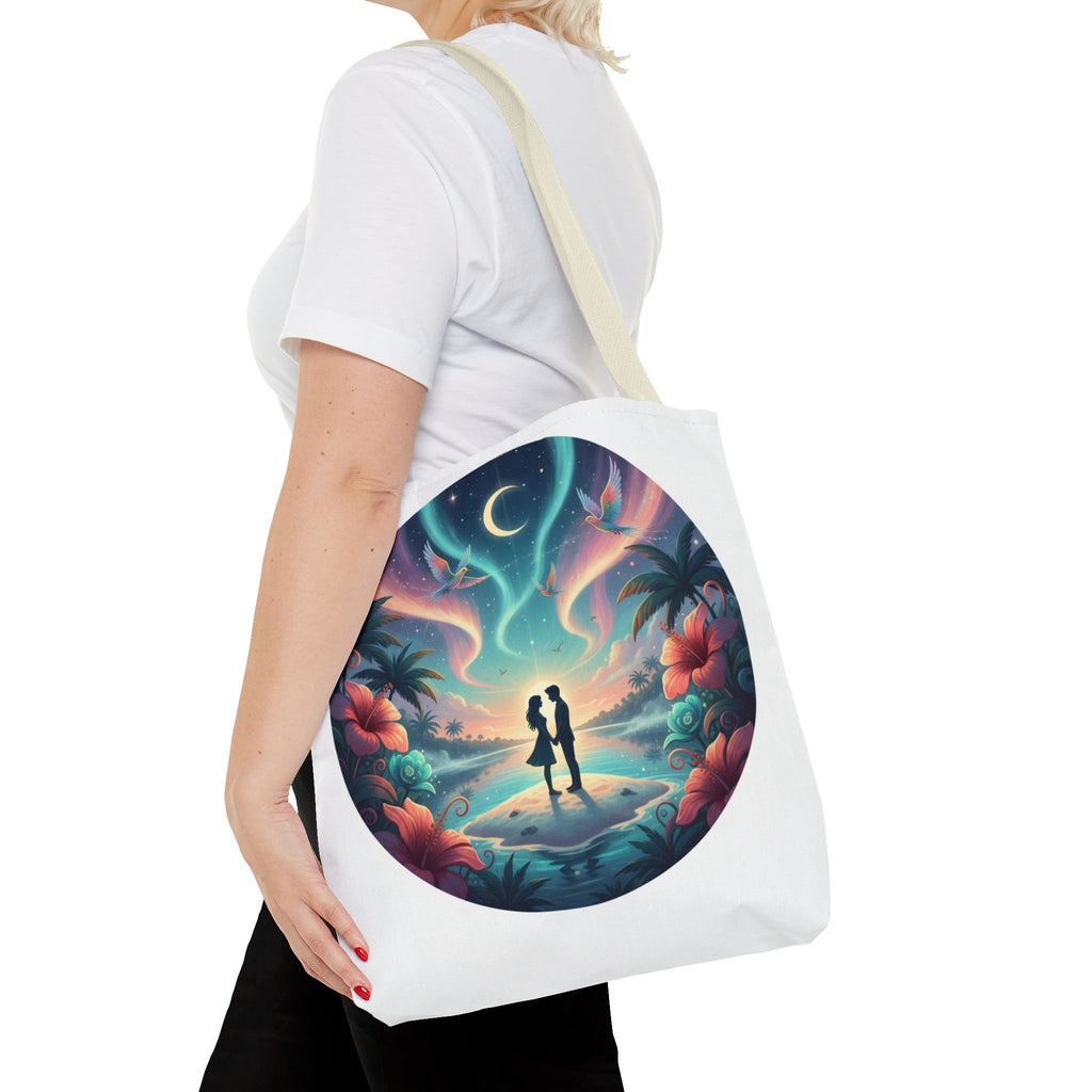 Romantic Moonlit Beach Tote Bag — Couple Silhouette Tropical Night Print