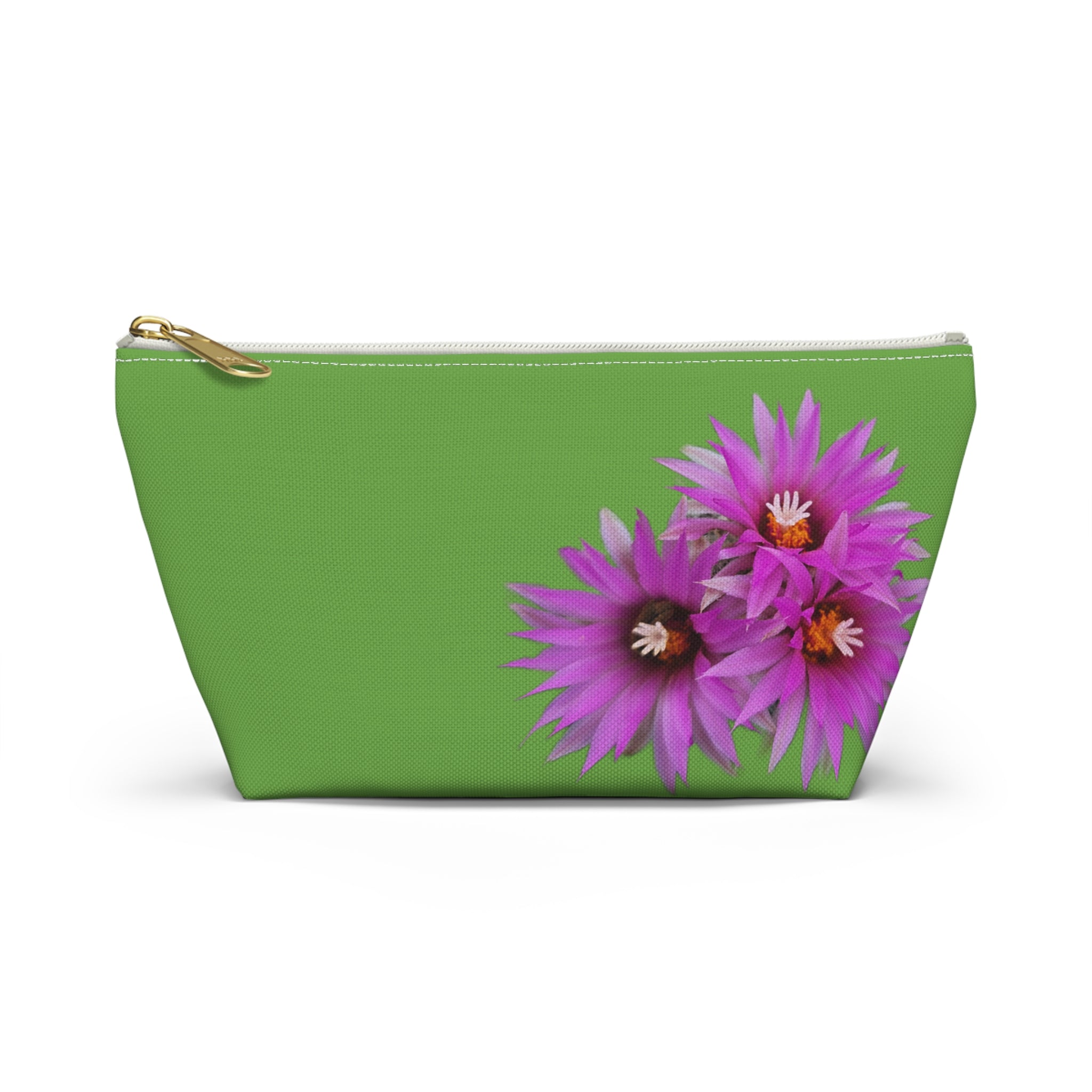 Floral Accessory Pouch — Pink Cactus Flowers on Green Makeup Bag