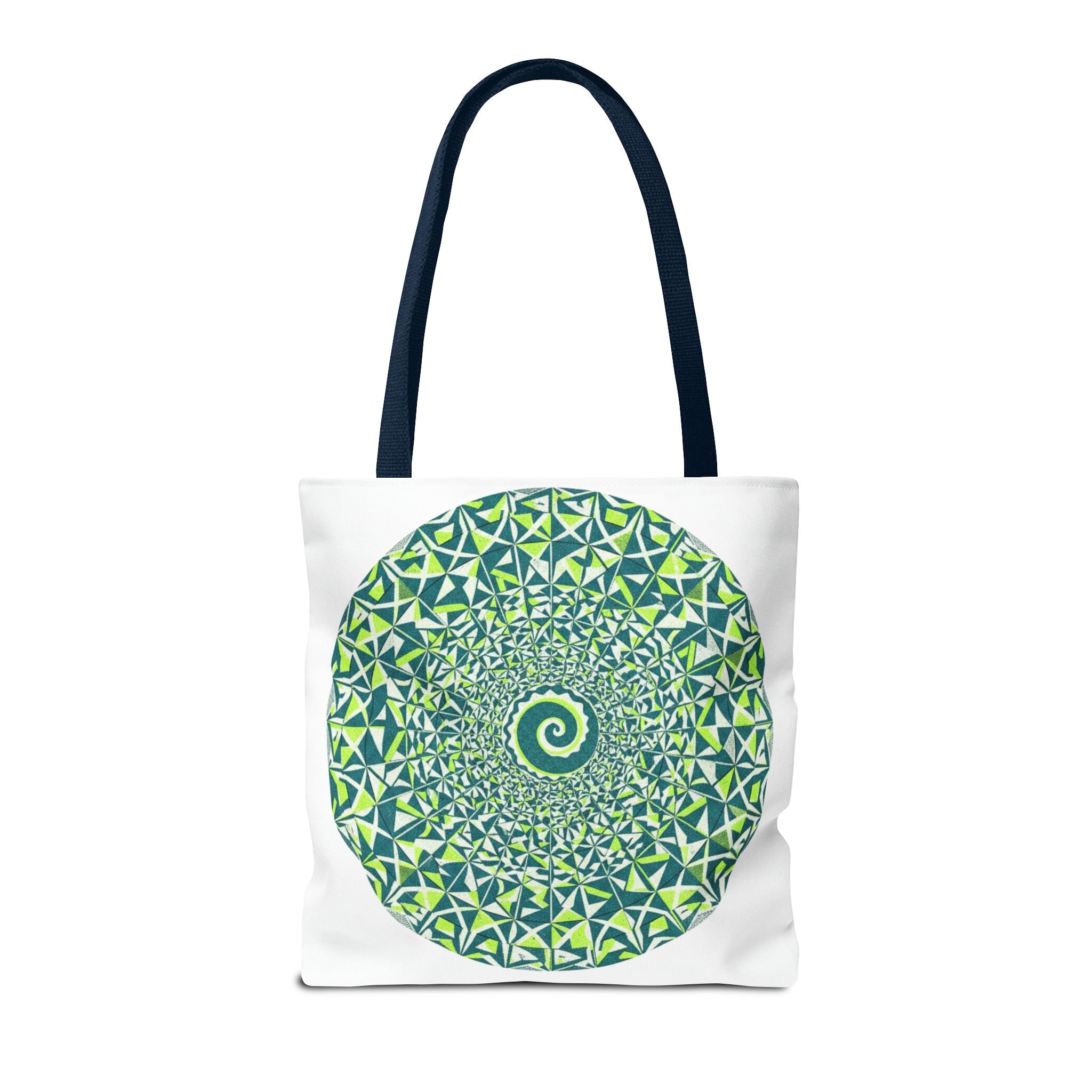 Spiral Mandala Tote Bag — Green Geometric All-Over Print Tote