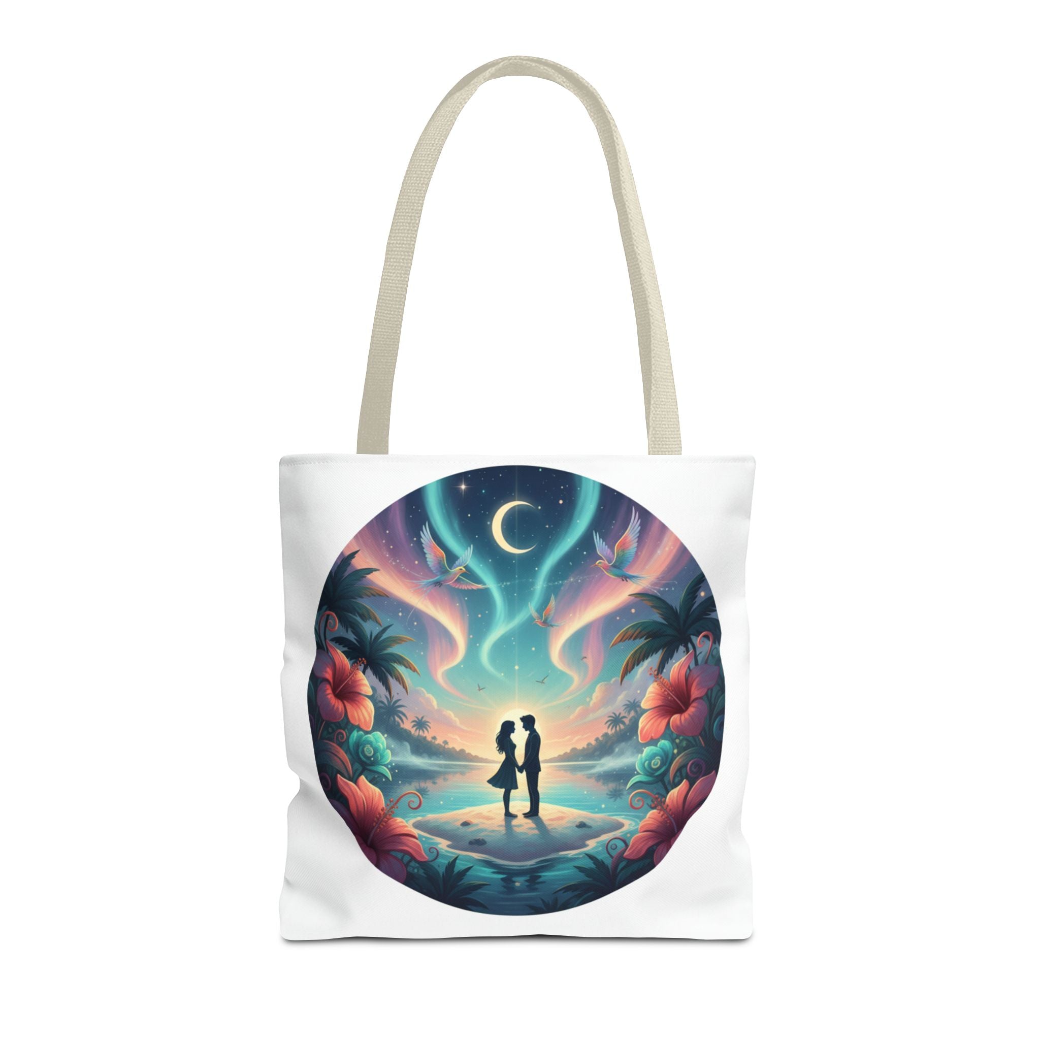 Romantic Moonlit Beach Tote Bag — Couple Silhouette Tropical Night Print