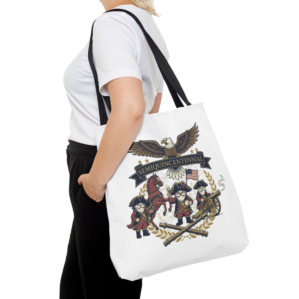 Semiquincentennial Patriotic Tote Bag — Eagle, Colonial Soldiers & Flags All-Over Print