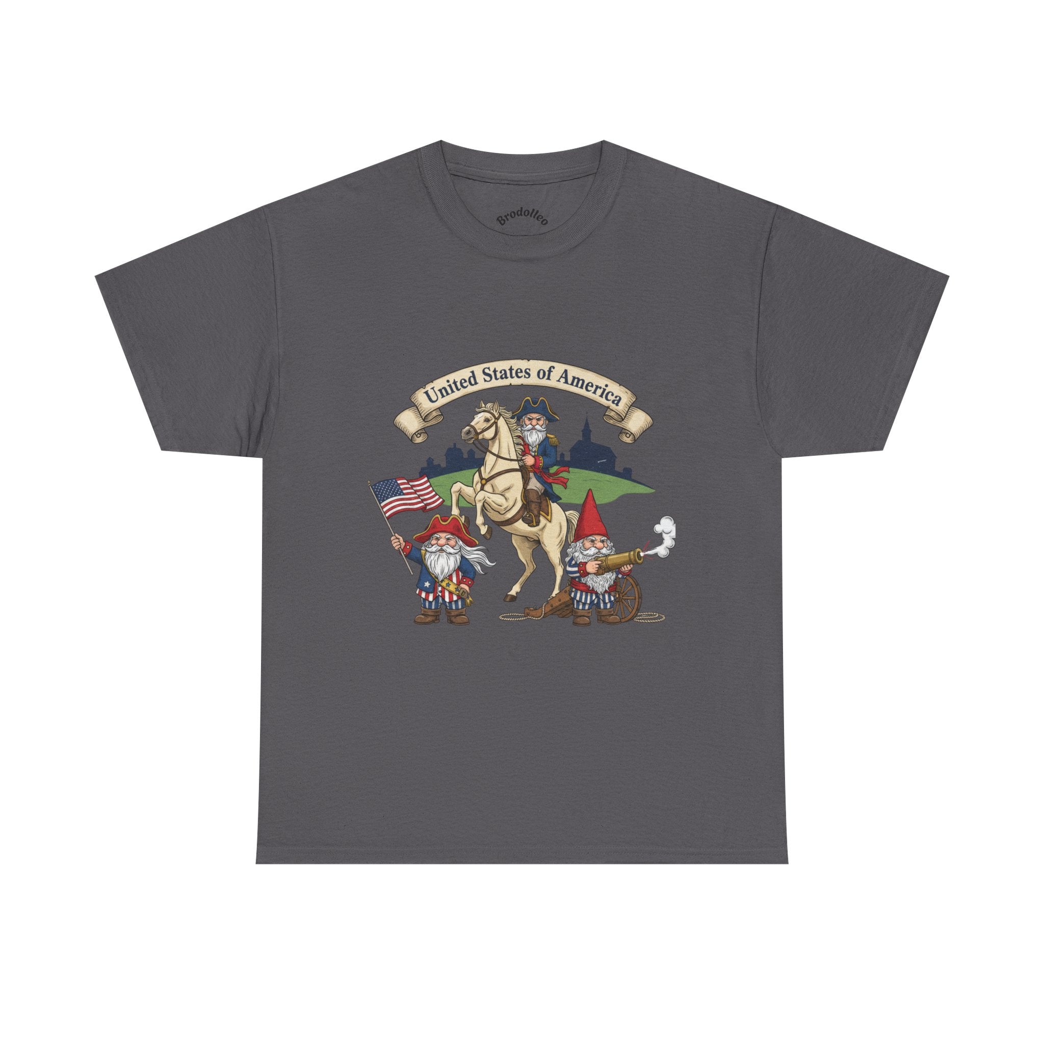 Patriotic Gnome & Horse Tee — "United States of America" Graphic T-Shirt