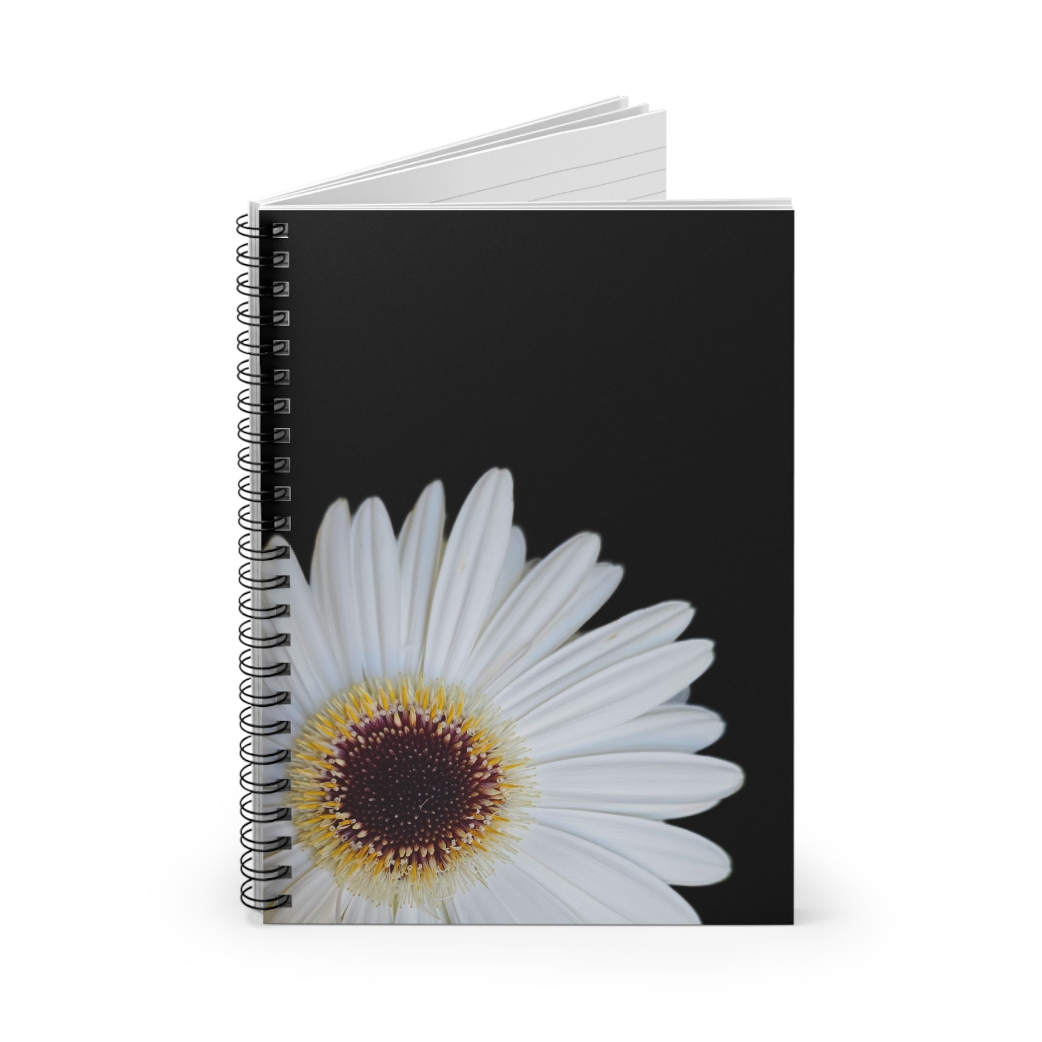 Daisy Blooms Spiral Notebook — Ruled Journal with White Daisy on Black Cover