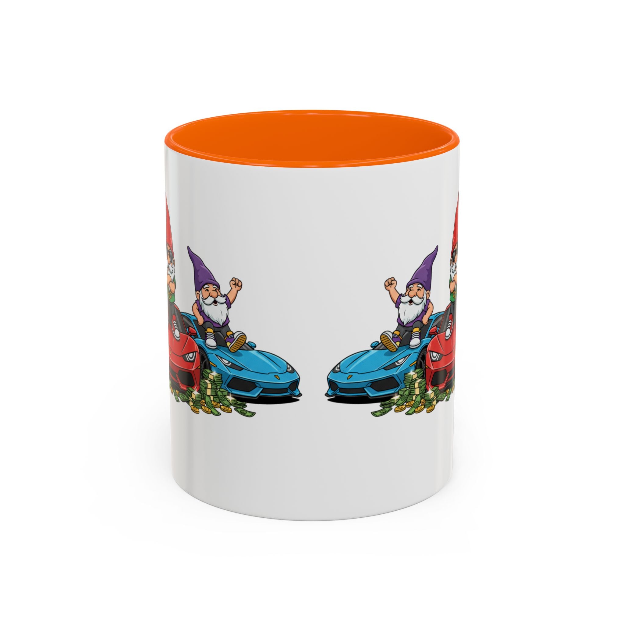 Gnome Car Crew Accent Coffee Mug — Racing Gnomes with Sports Cars (11/15oz)