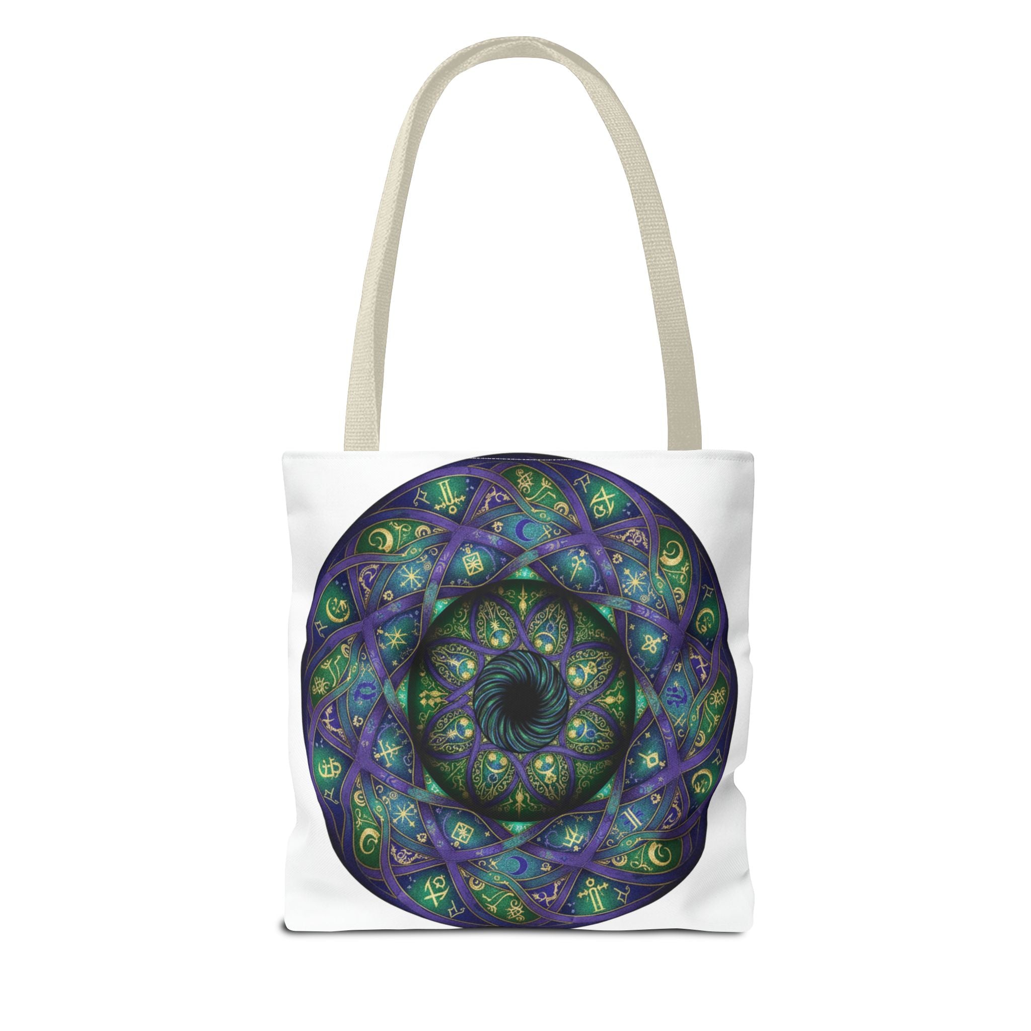 Mystic Mandala Tote Bag — Purple Green Spiral All-Over Print