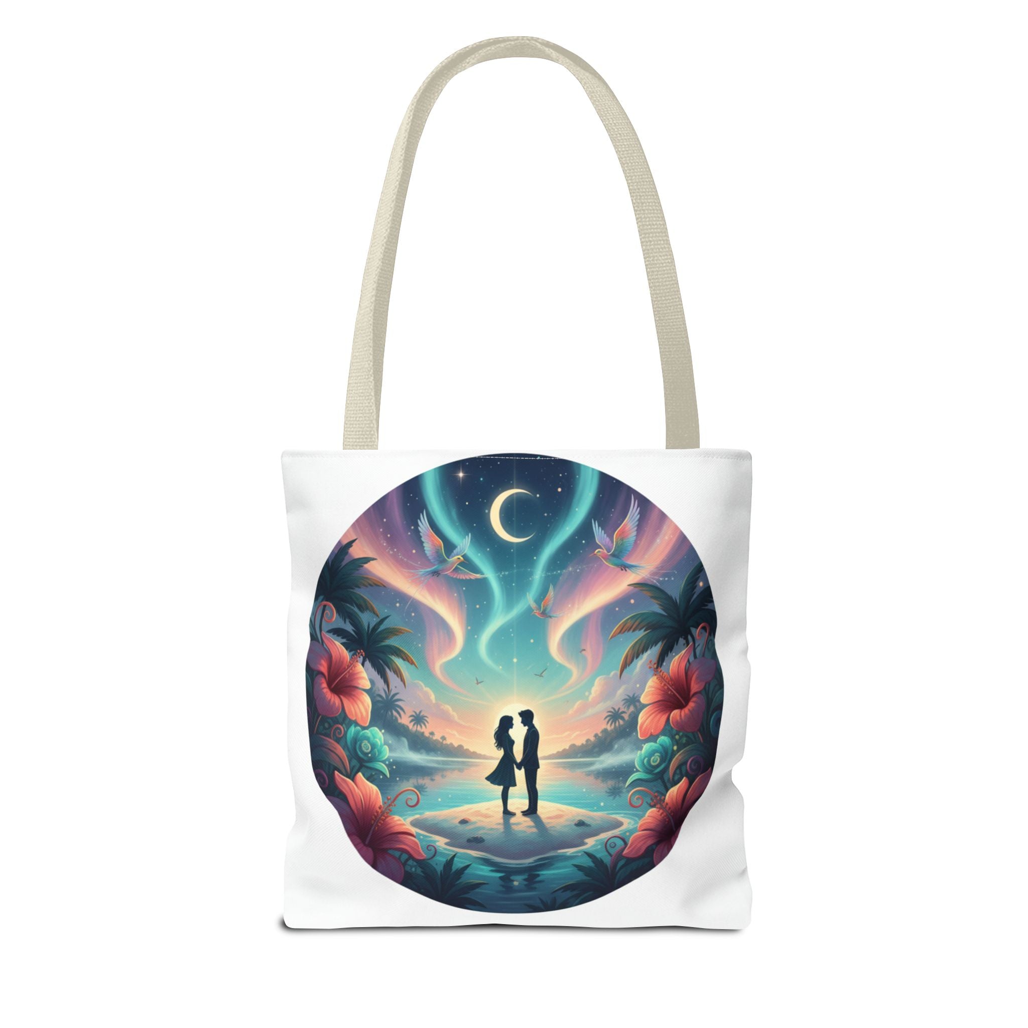 Romantic Moonlit Beach Tote Bag — Couple Silhouette Tropical Night Print