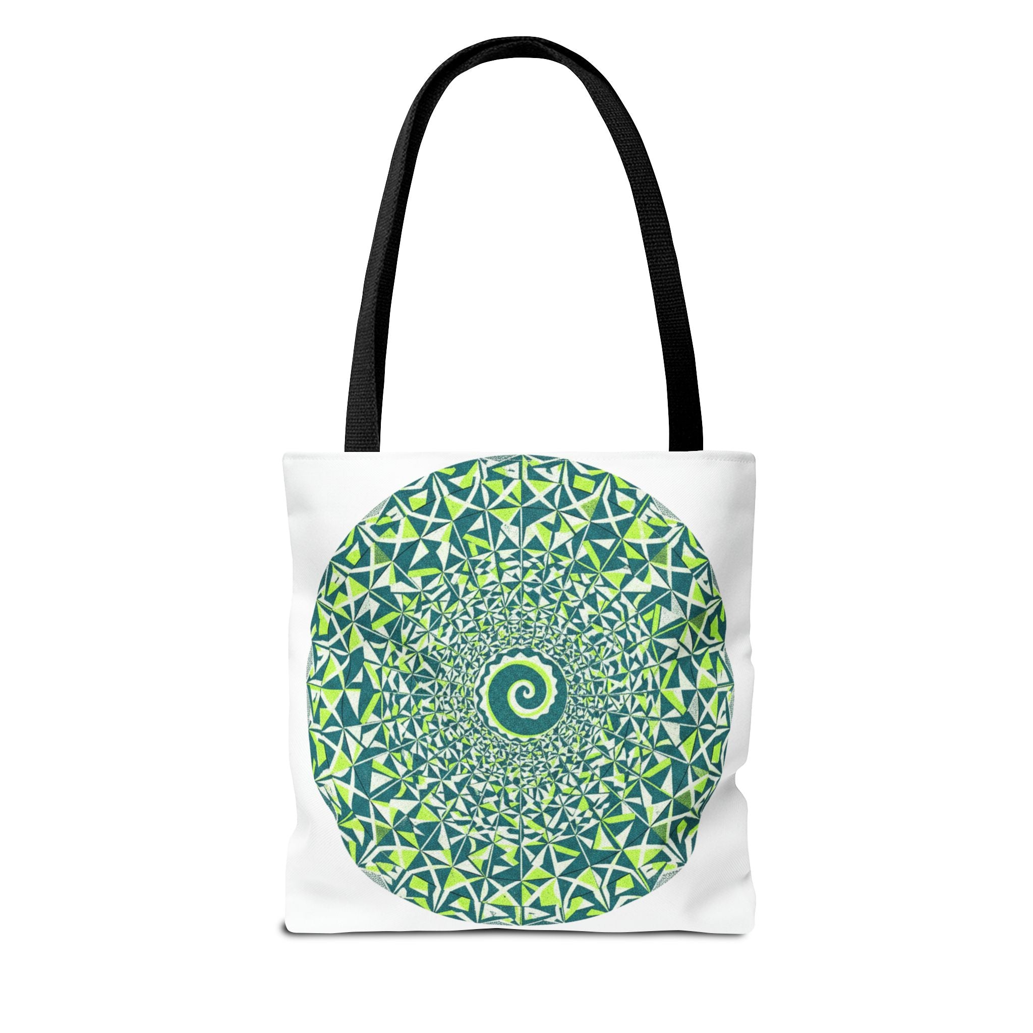 Spiral Mandala Tote Bag — Green Geometric All-Over Print Tote