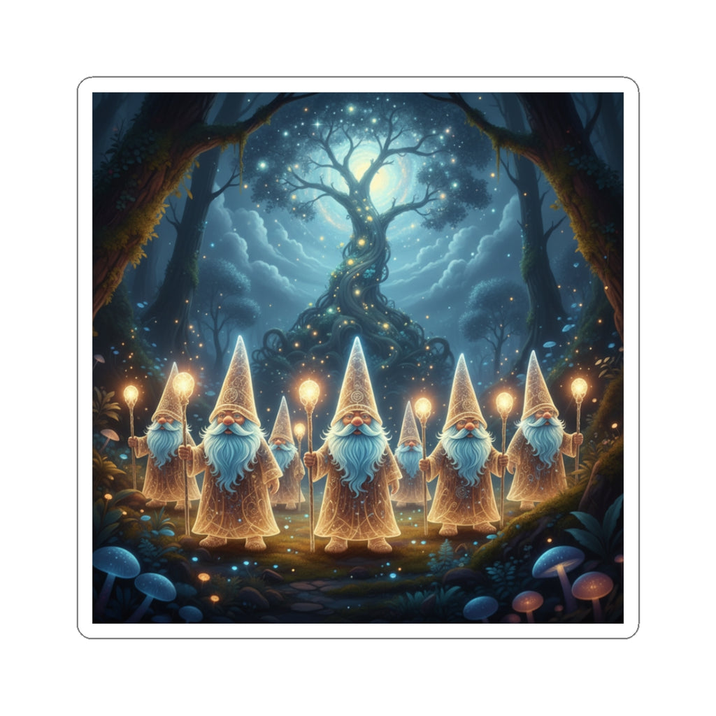 Mystical Gnome Lanterns Sticker — Fairy Forest Night Scene Kiss-Cut Sticker