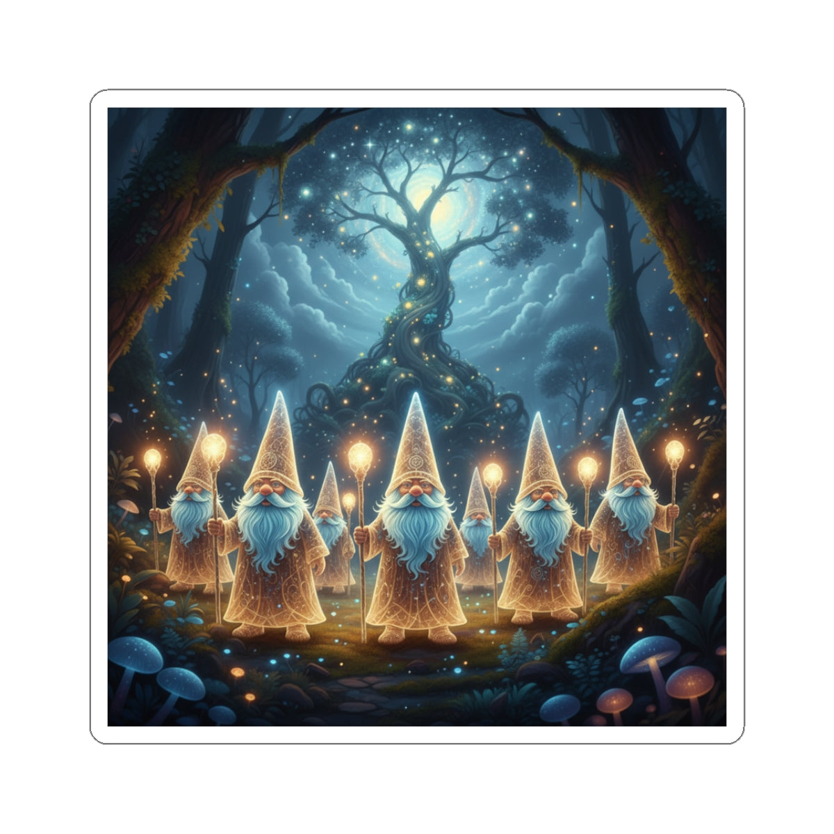 Mystical Gnome Lanterns Sticker — Fairy Forest Night Scene Kiss-Cut Sticker