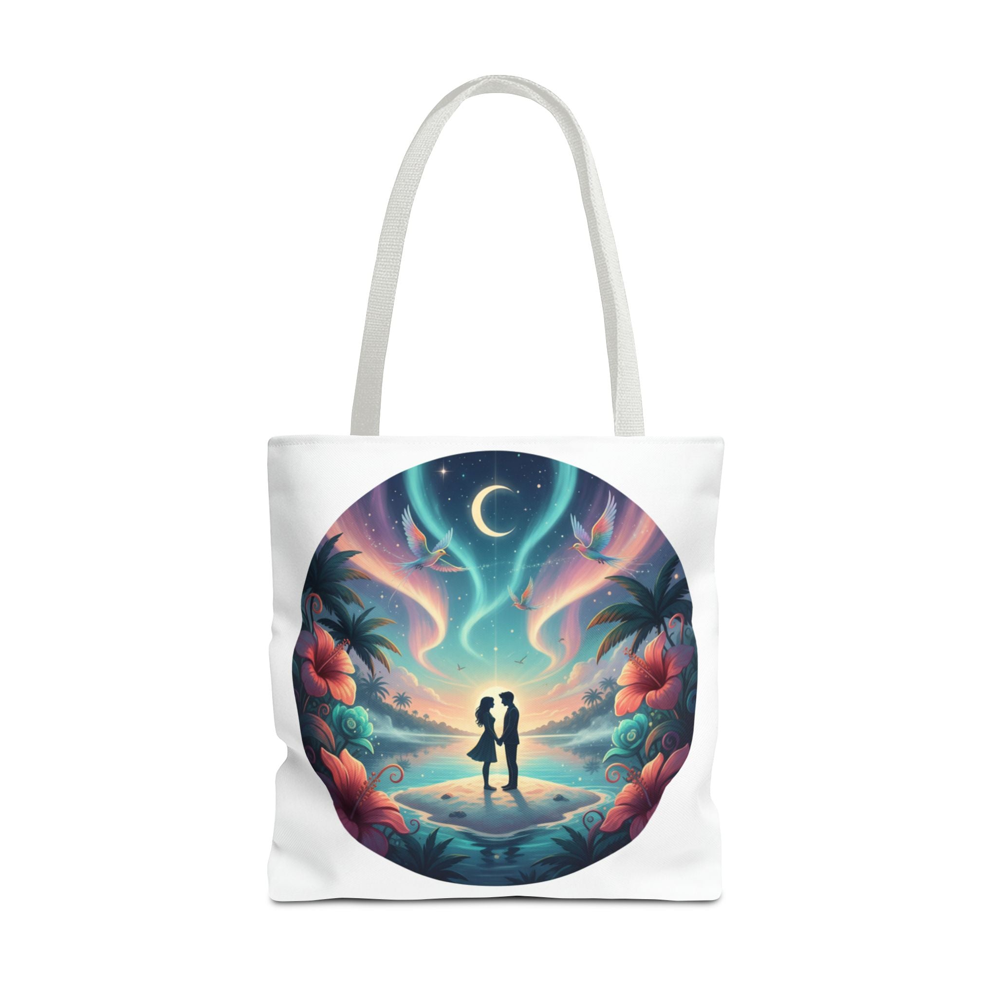 Romantic Moonlit Beach Tote Bag — Couple Silhouette Tropical Night Print