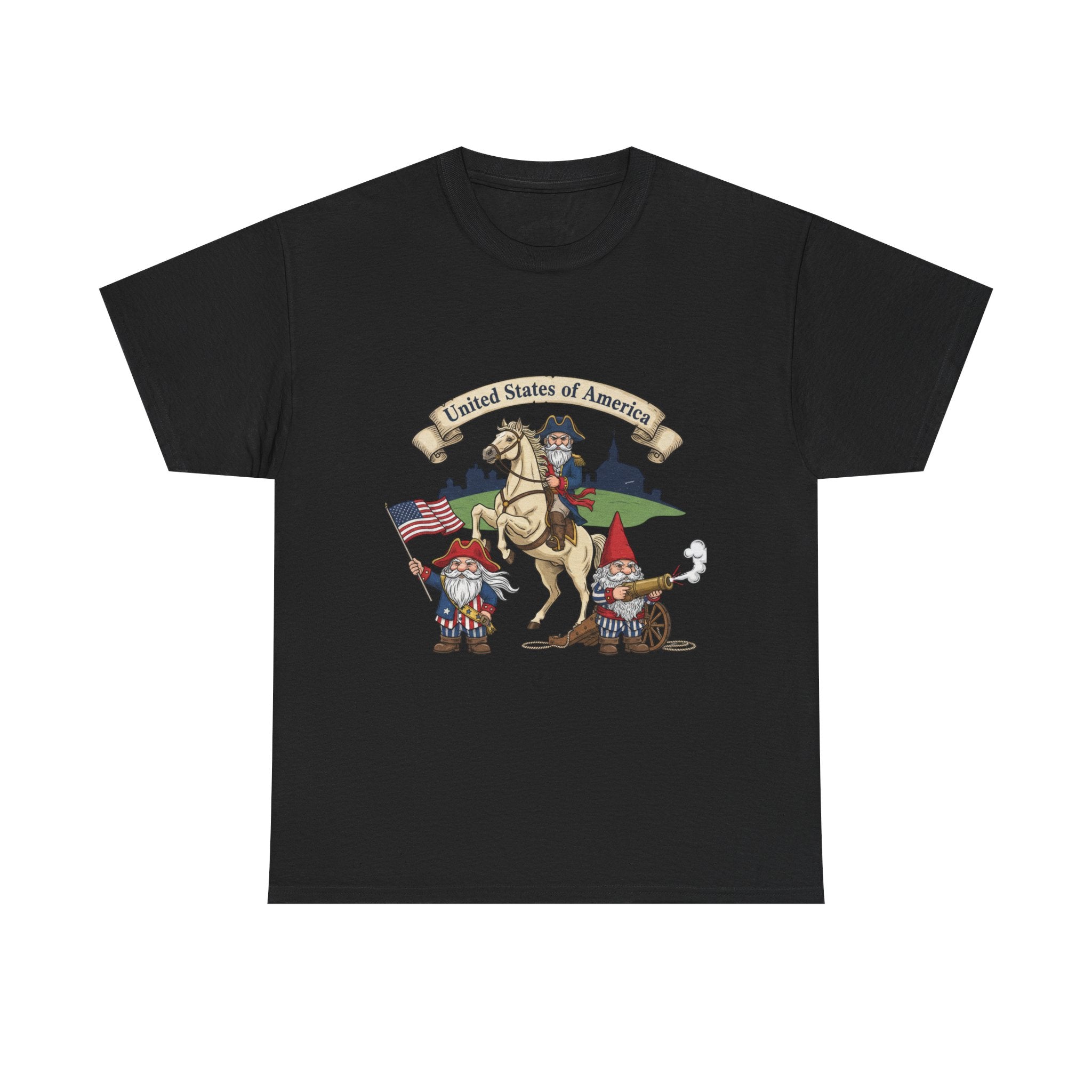Patriotic Gnome & Horse Tee — "United States of America" Graphic T-Shirt