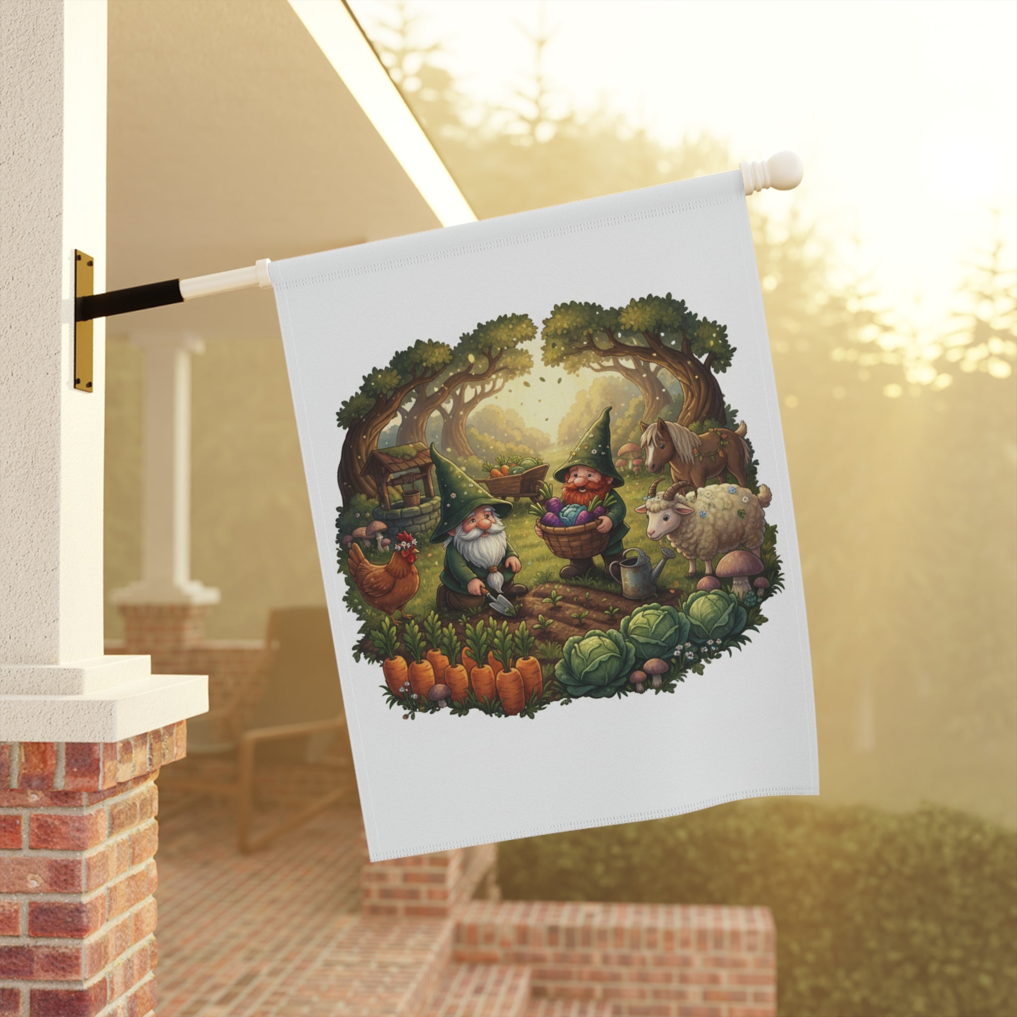 Whimsical Garden Gnomes Garden Flag — Cottage Farm Animals Yard Banner