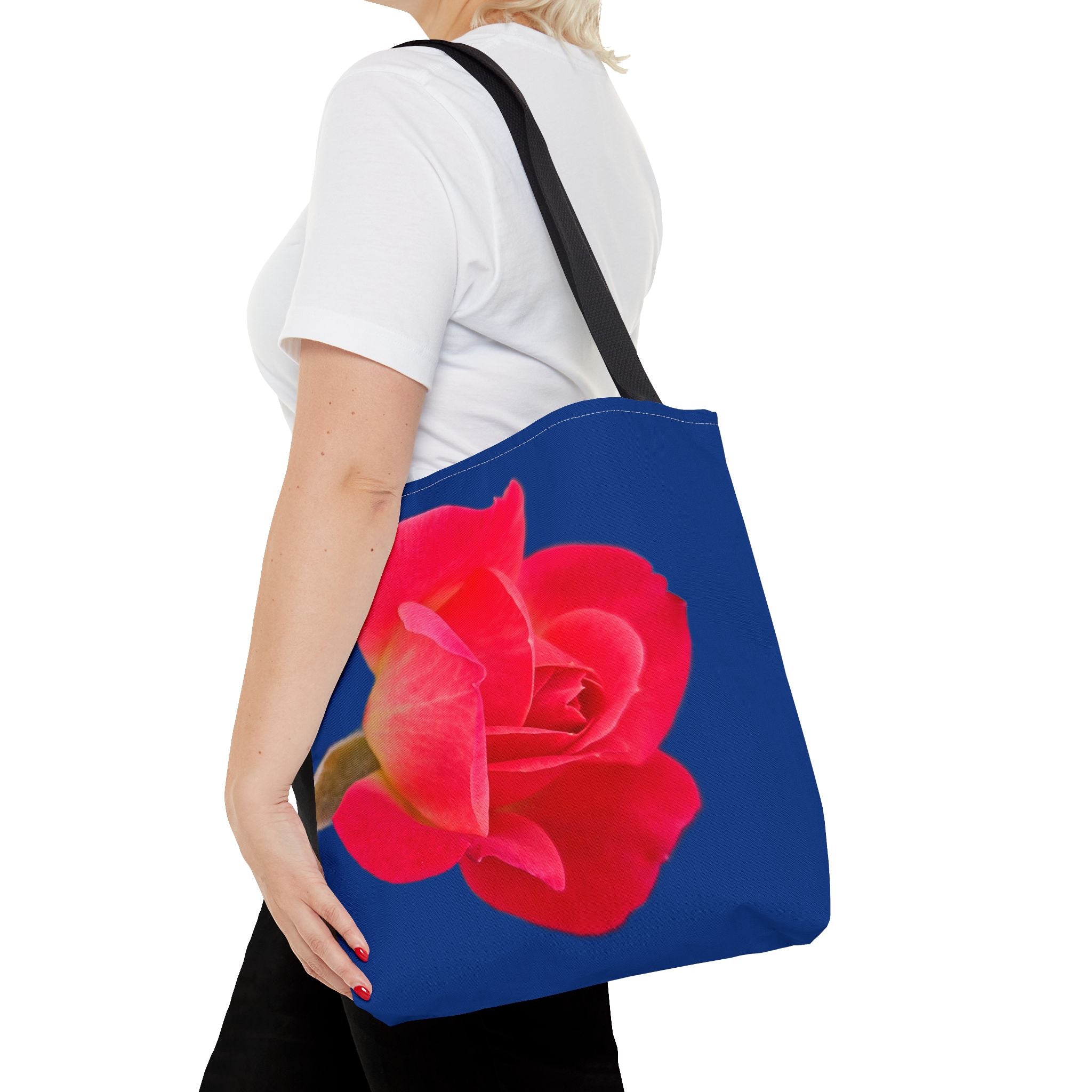 Pink Rose Floral Tote Bag – Vibrant Blue Background AOP