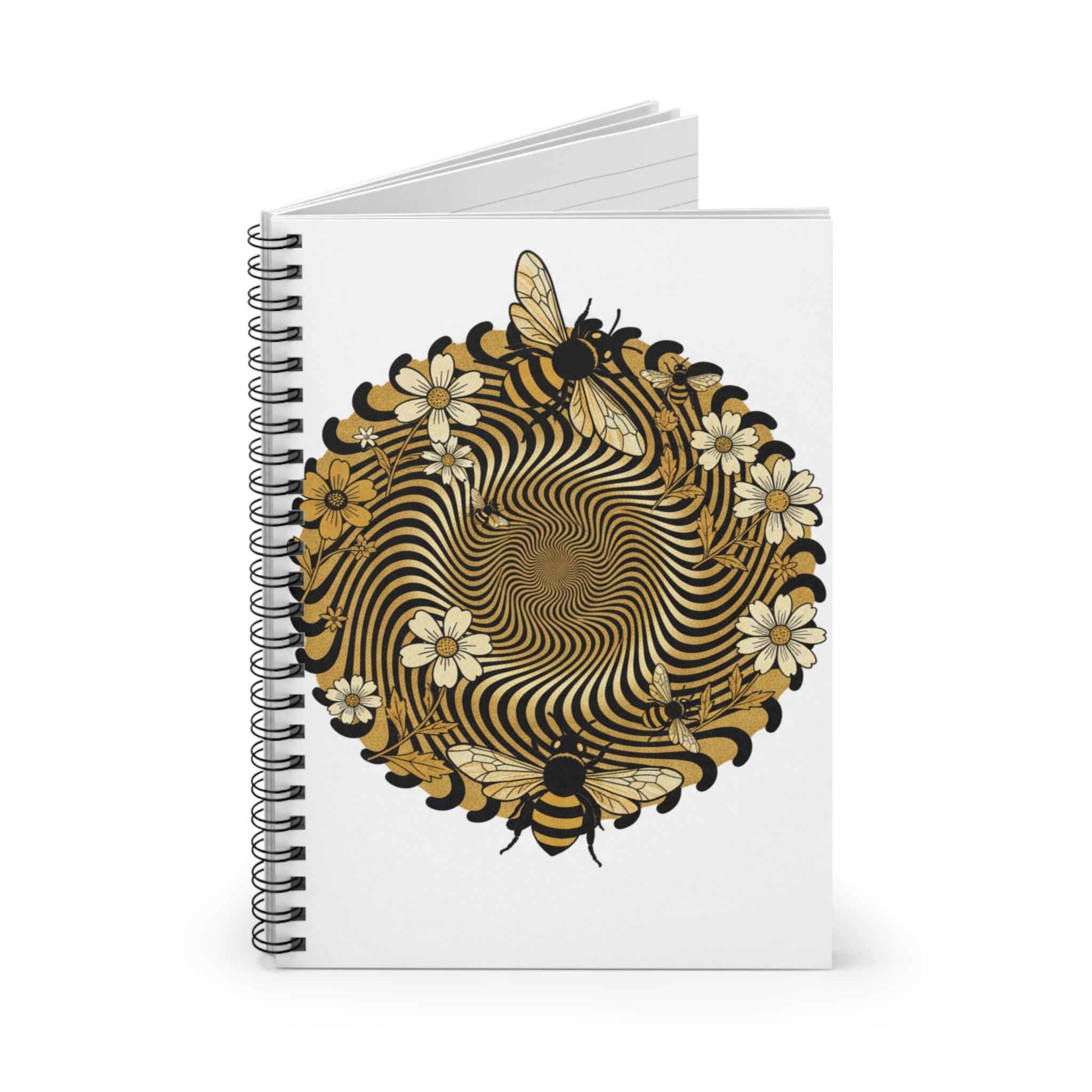 Bee Floral Spiral Notebook — Gold Optical Mandala Ruled Journal