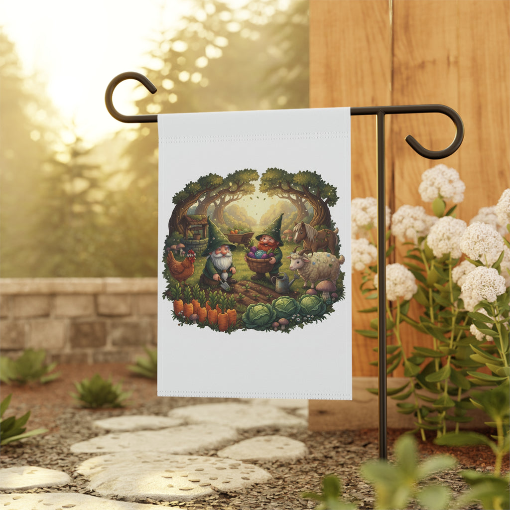Whimsical Garden Gnomes Garden Flag — Cottage Farm Animals Yard Banner
