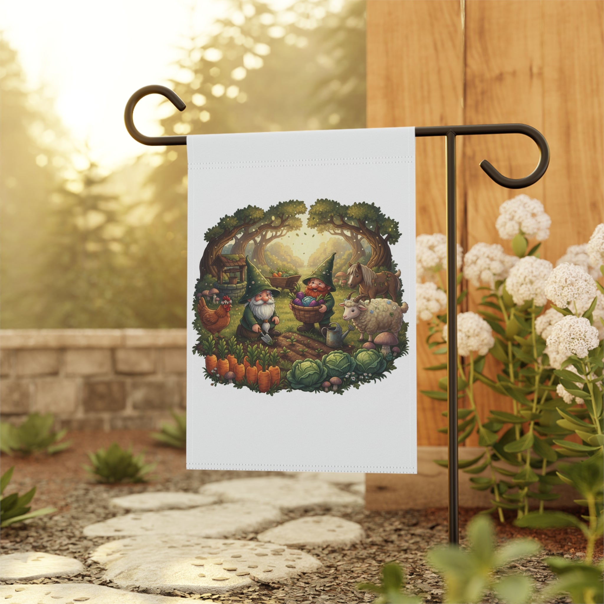 Whimsical Garden Gnomes Garden Flag — Cottage Farm Animals Yard Banner