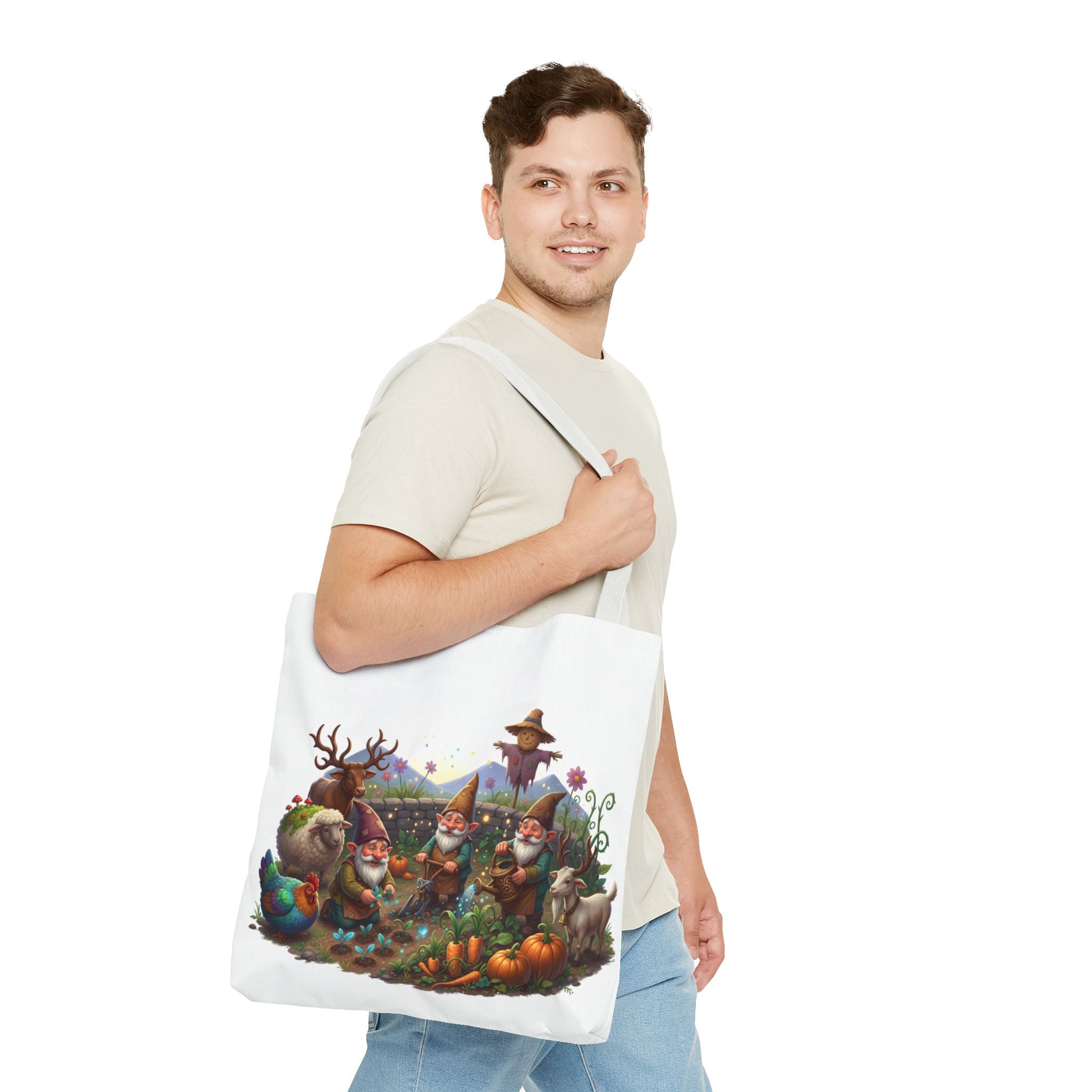 Gnome Garden Tote Bag — Whimsical Gnome & Pumpkin Illustration AOP Tote