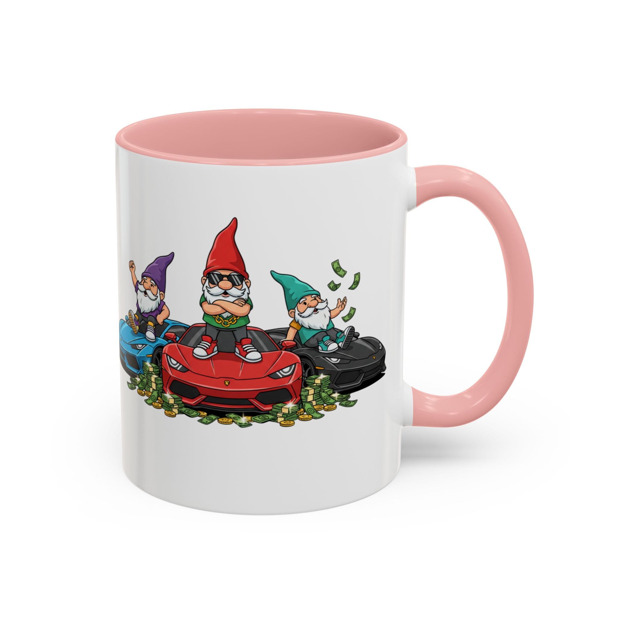 Gnome Car Crew Accent Coffee Mug — Racing Gnomes with Sports Cars (11/15oz)