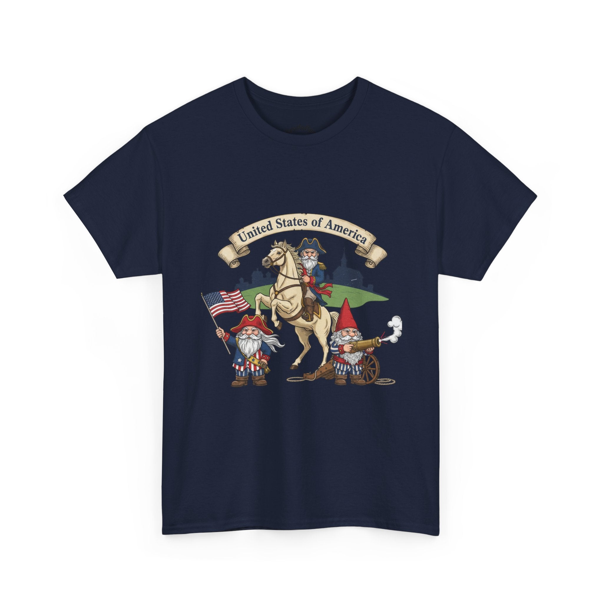 Patriotic Gnome & Horse Tee — "United States of America" Graphic T-Shirt