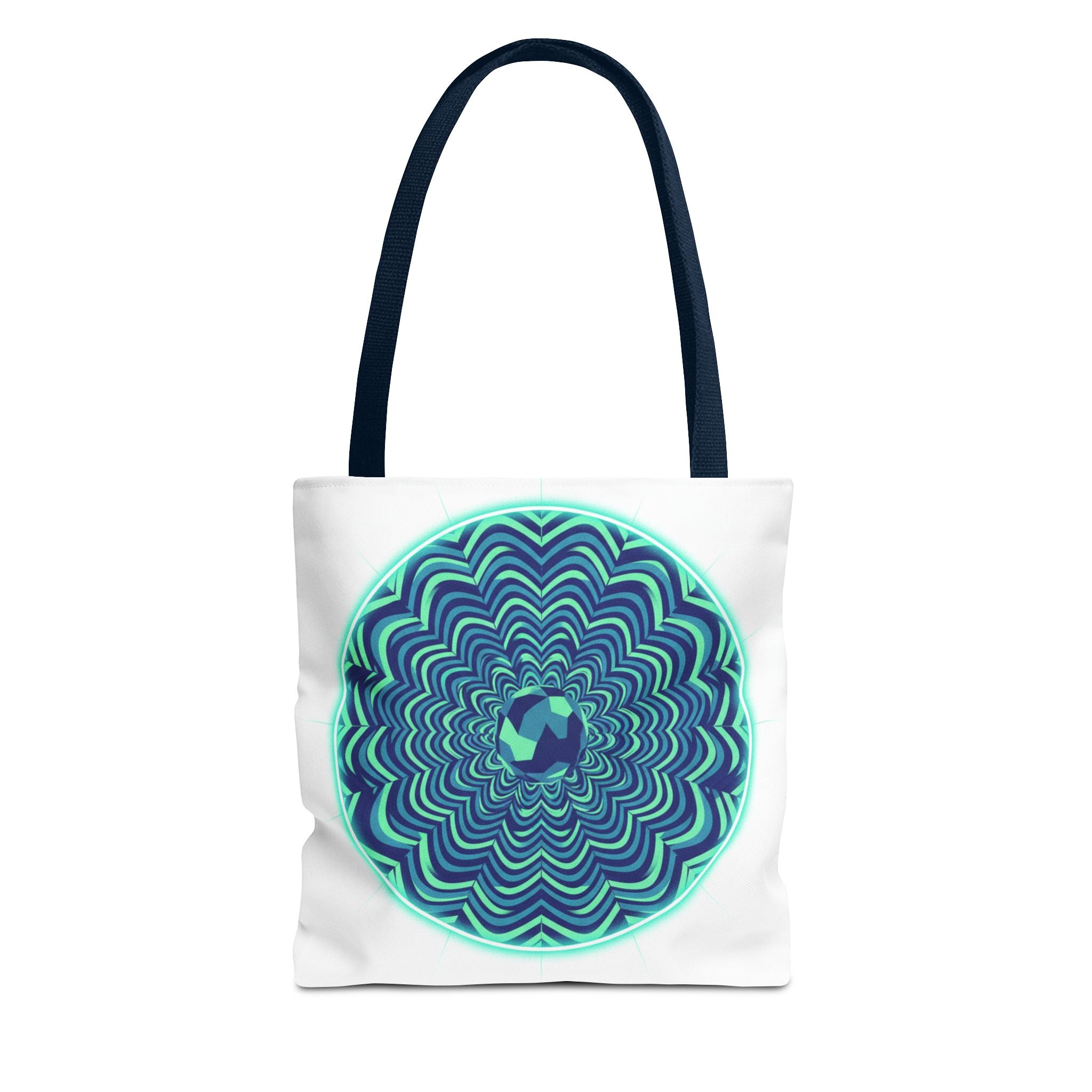 Psychedelic Mandala Tote Bag — Blue Green Optical Art All-Over Print