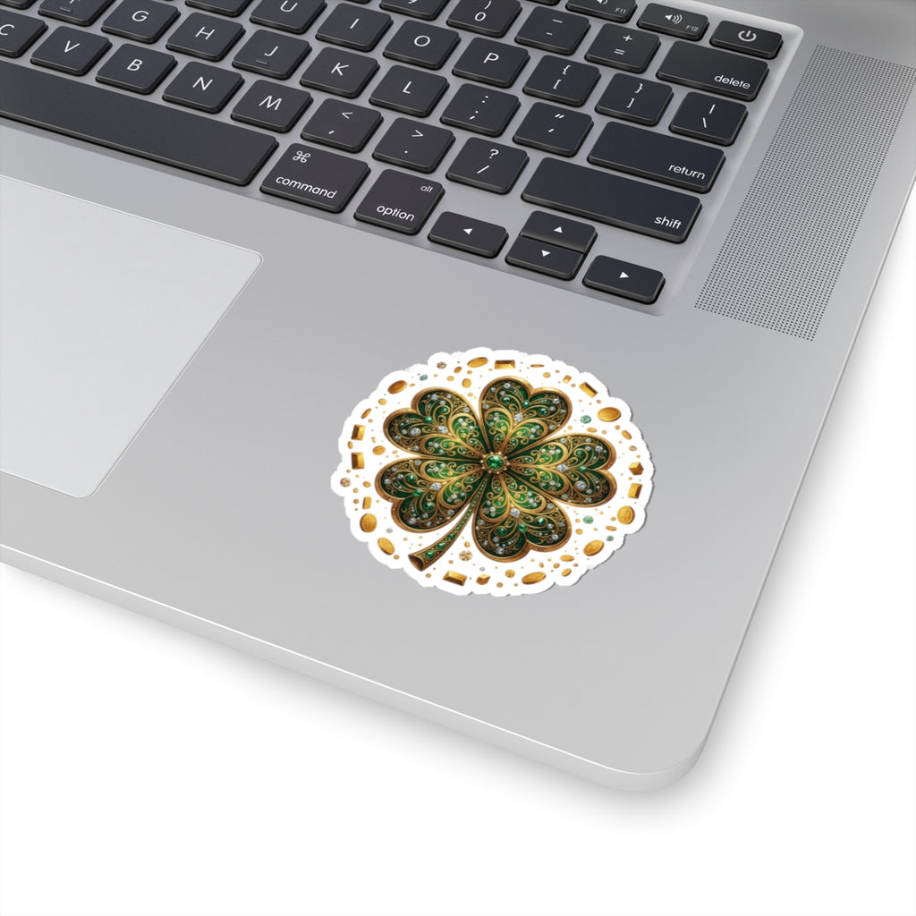 Celtic Gem Shamrock Sticker — Sparkling Green Four-Leaf Clove Kiss-Cut Decal