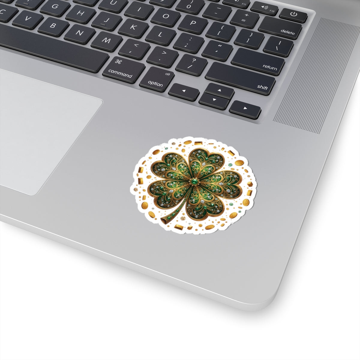 Celtic Gem Shamrock Sticker — Sparkling Green Four-Leaf Clove Kiss-Cut Decal