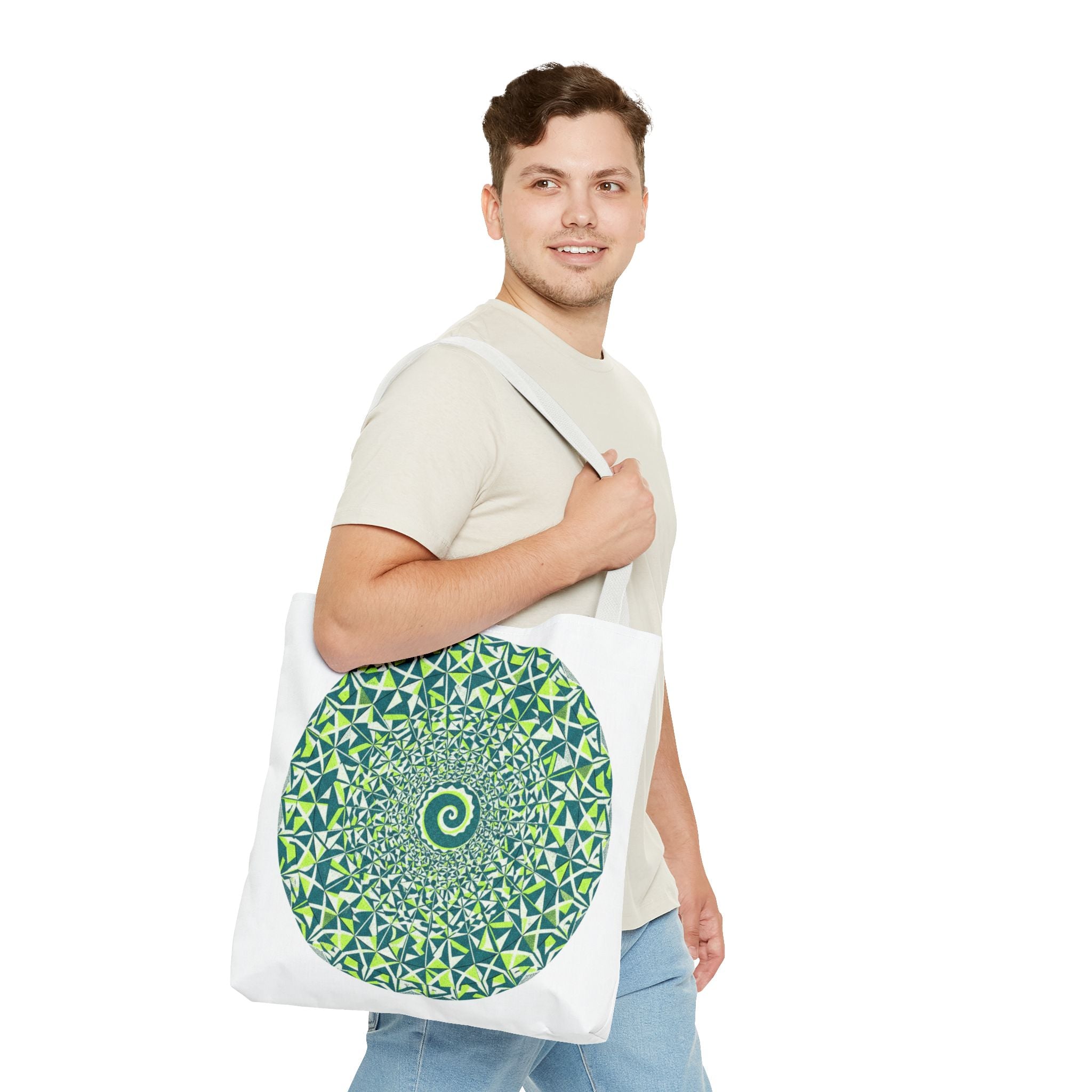Spiral Mandala Tote Bag — Green Geometric All-Over Print Tote