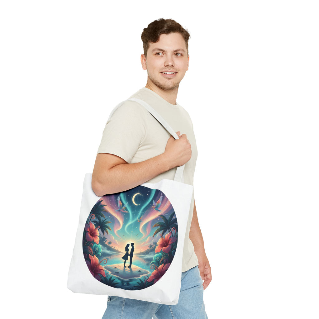 Romantic Moonlit Beach Tote Bag — Couple Silhouette Tropical Night Print