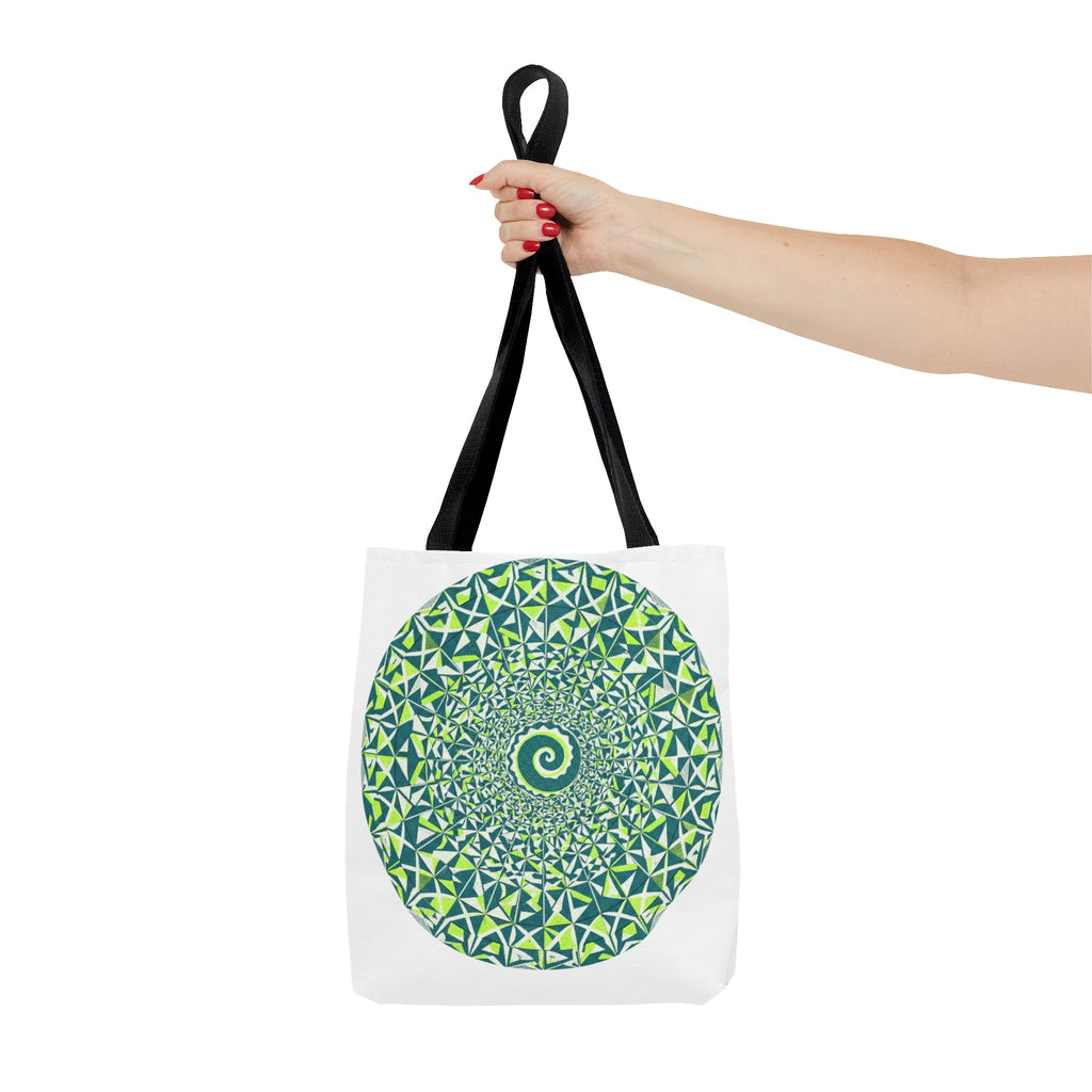 Spiral Mandala Tote Bag — Green Geometric All-Over Print Tote