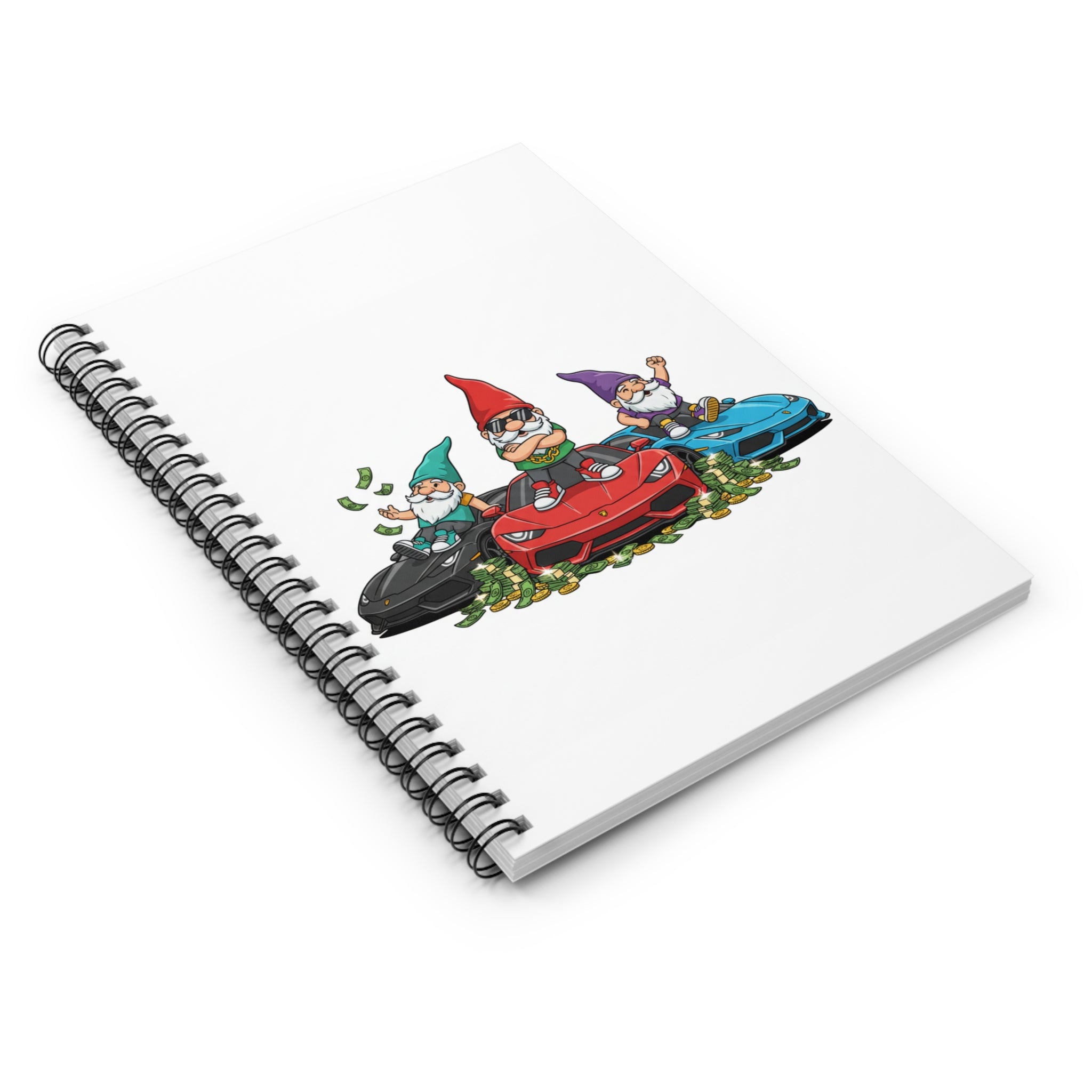 Gnome Racing Notebook — Funny Garden Gnomes with Sports Cars & Money Spiral Notebook