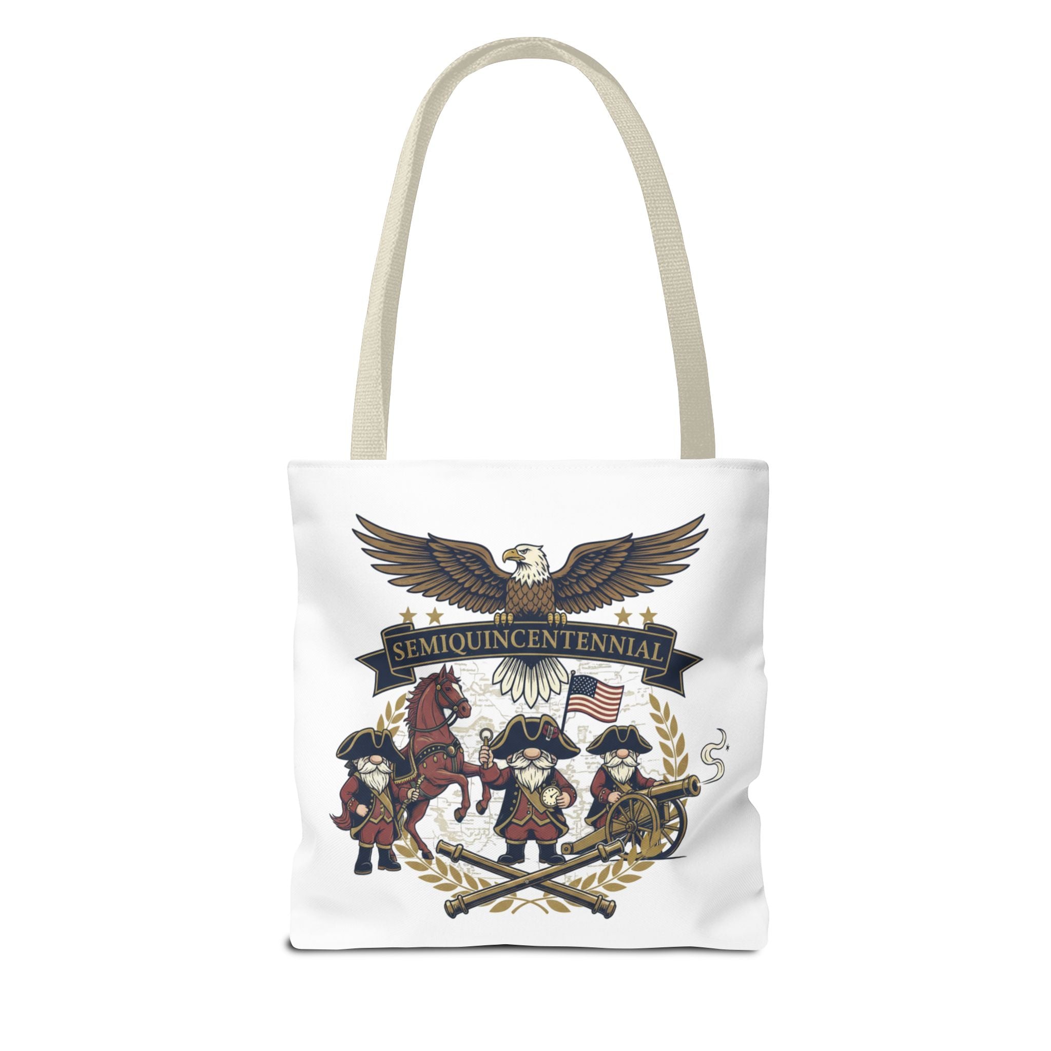 Semiquincentennial Patriotic Tote Bag — Eagle, Colonial Soldiers & Flags All-Over Print