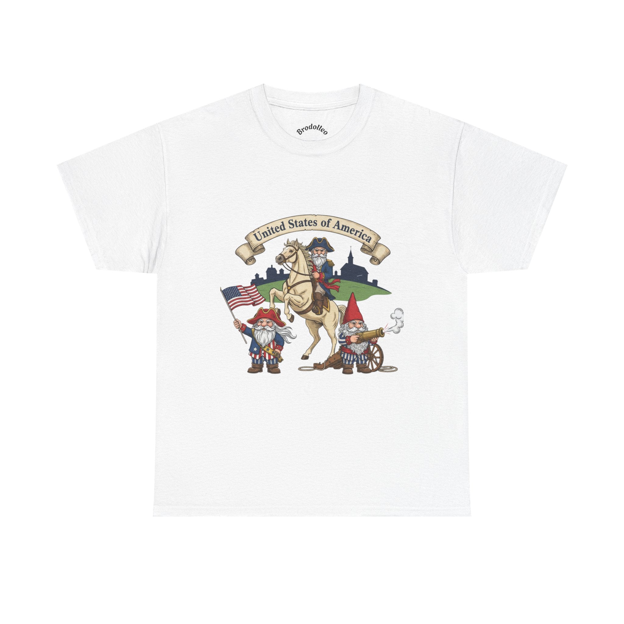 Patriotic Gnome & Horse Tee — "United States of America" Graphic T-Shirt
