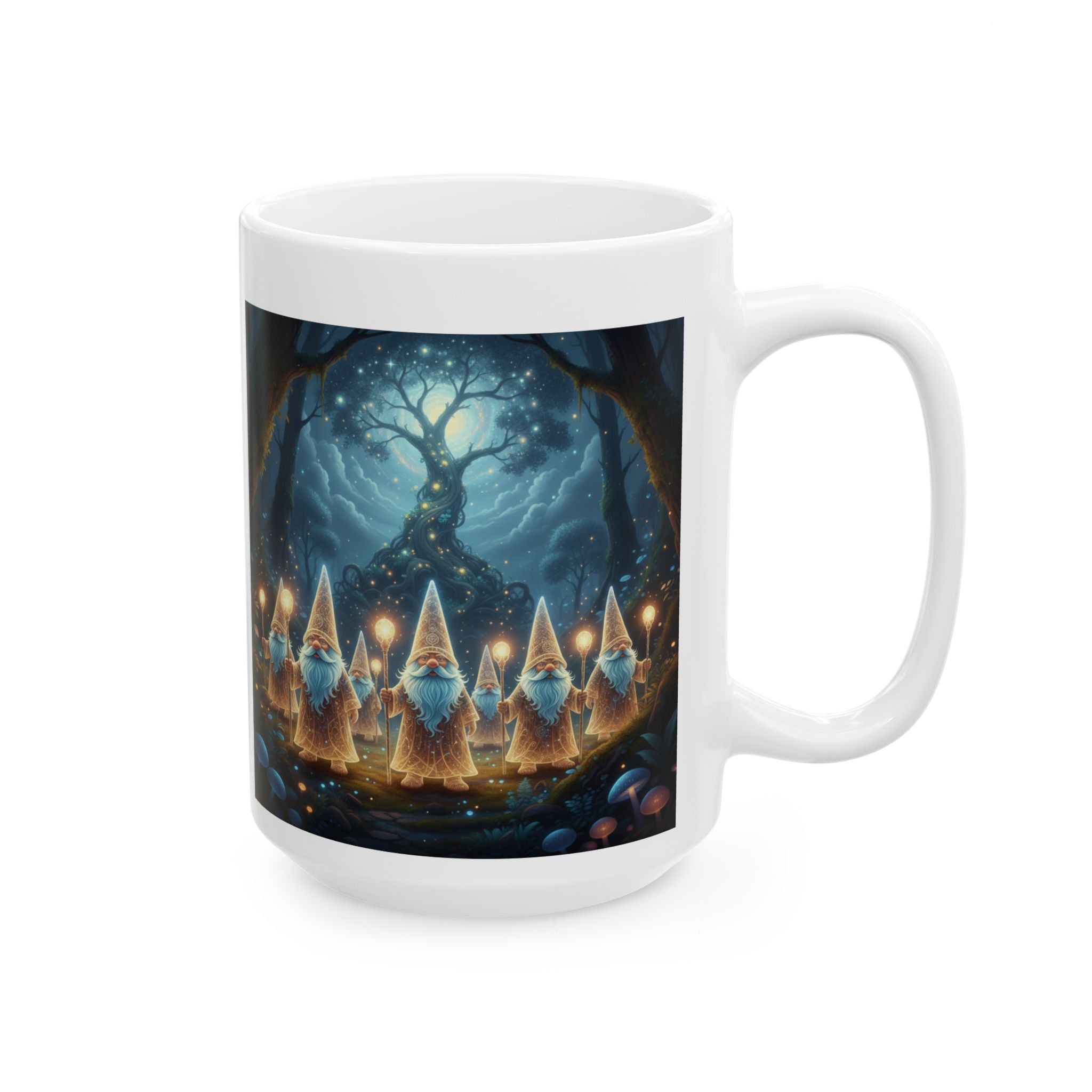 Fantasy Gnome Forest Ceramic Mug (11oz/15oz) — Whimsical Candlelight Garden Coffee Cup
