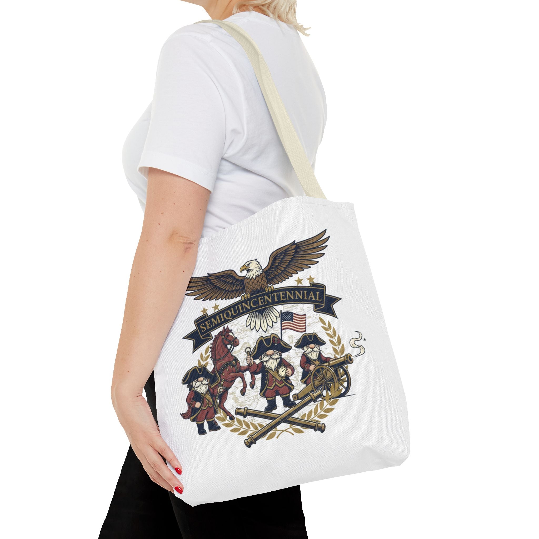 Semiquincentennial Patriotic Tote Bag — Eagle, Colonial Soldiers & Flags All-Over Print
