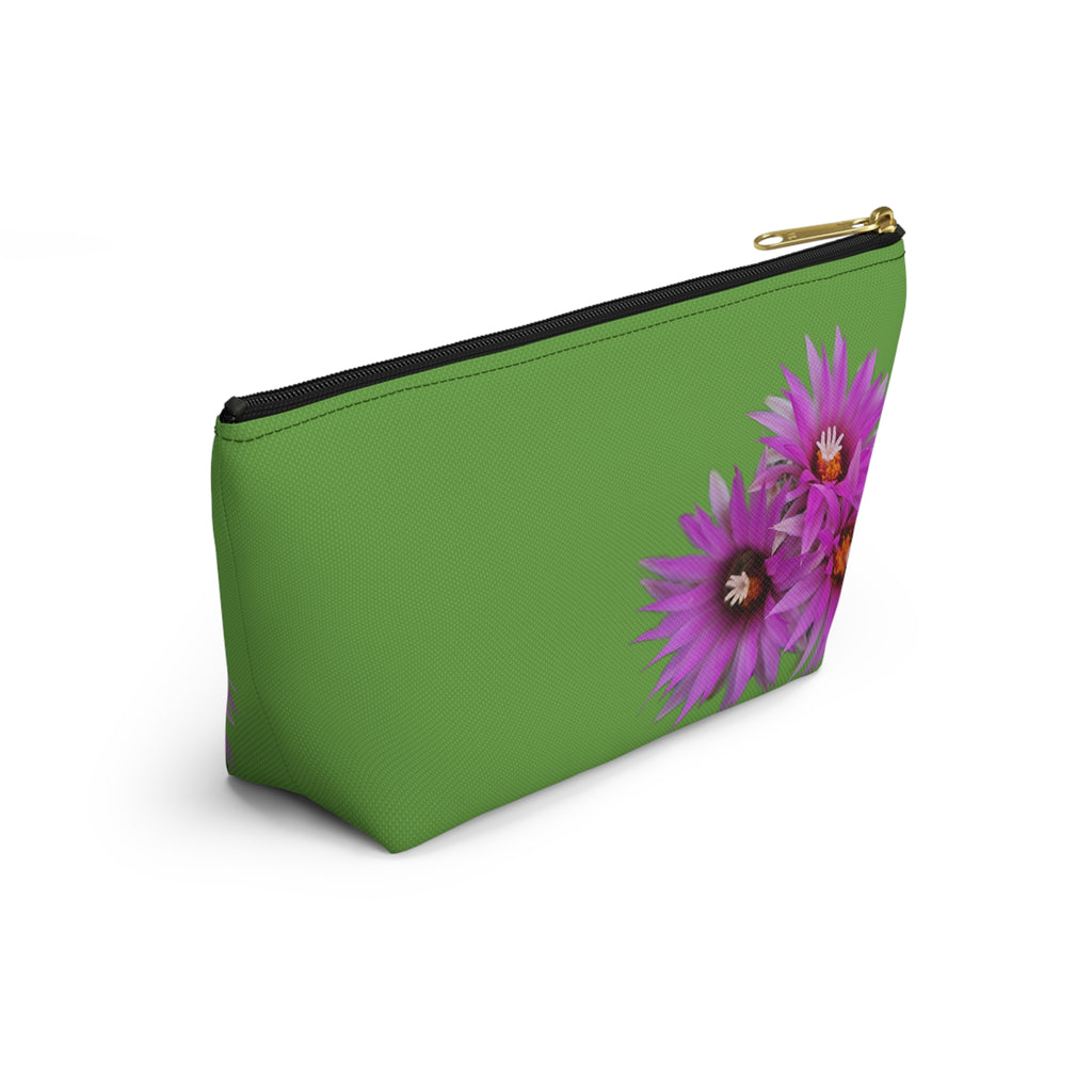 Floral Accessory Pouch — Pink Cactus Flowers on Green Makeup Bag