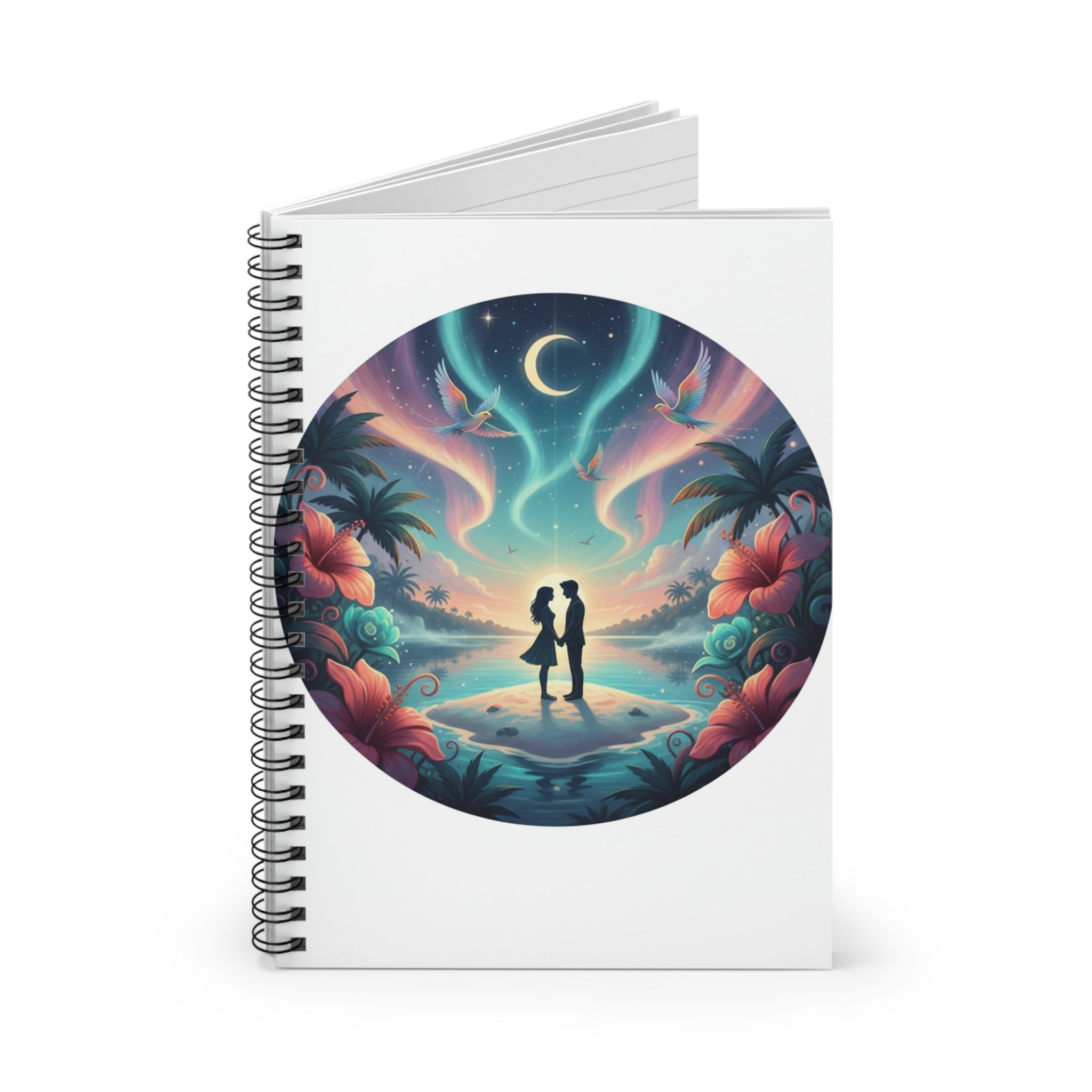 Romantic Beach Night Spiral Notebook — Couple Silhouette Under Crescent Moon