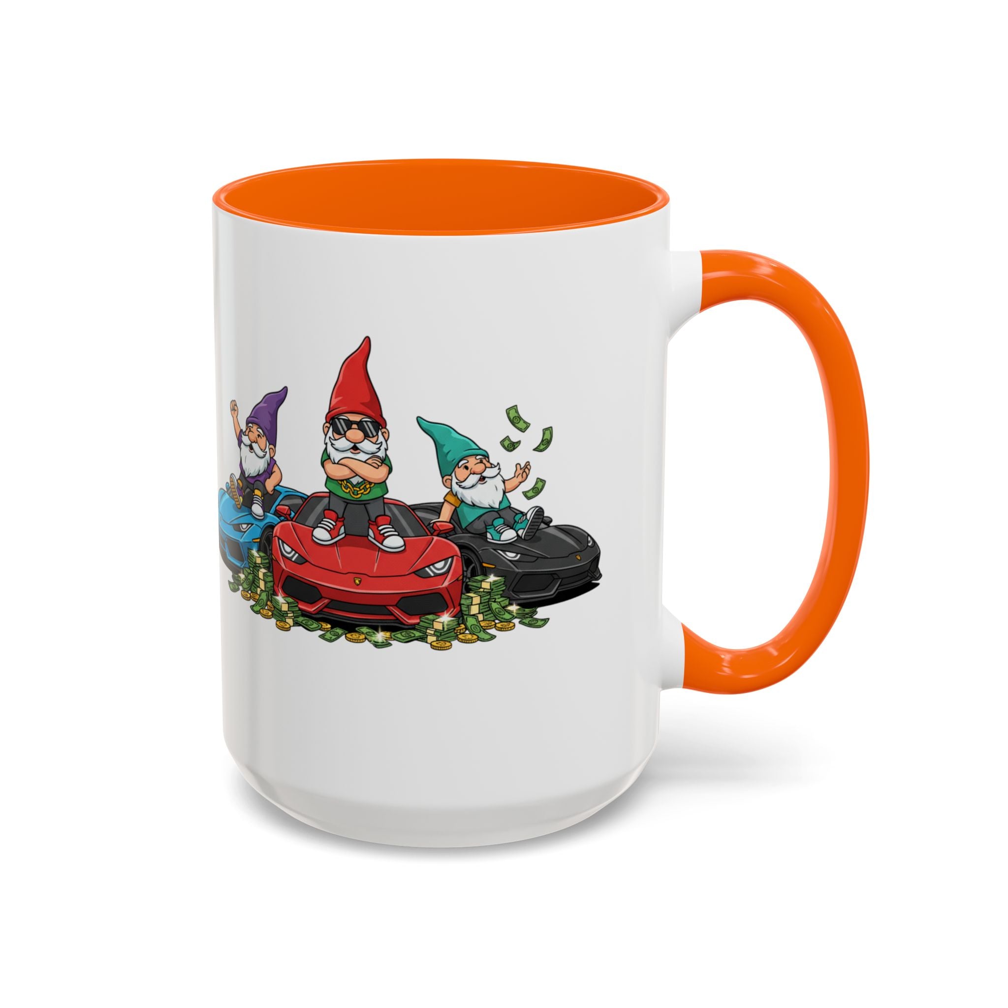 Gnome Car Crew Accent Coffee Mug — Racing Gnomes with Sports Cars (11/15oz)