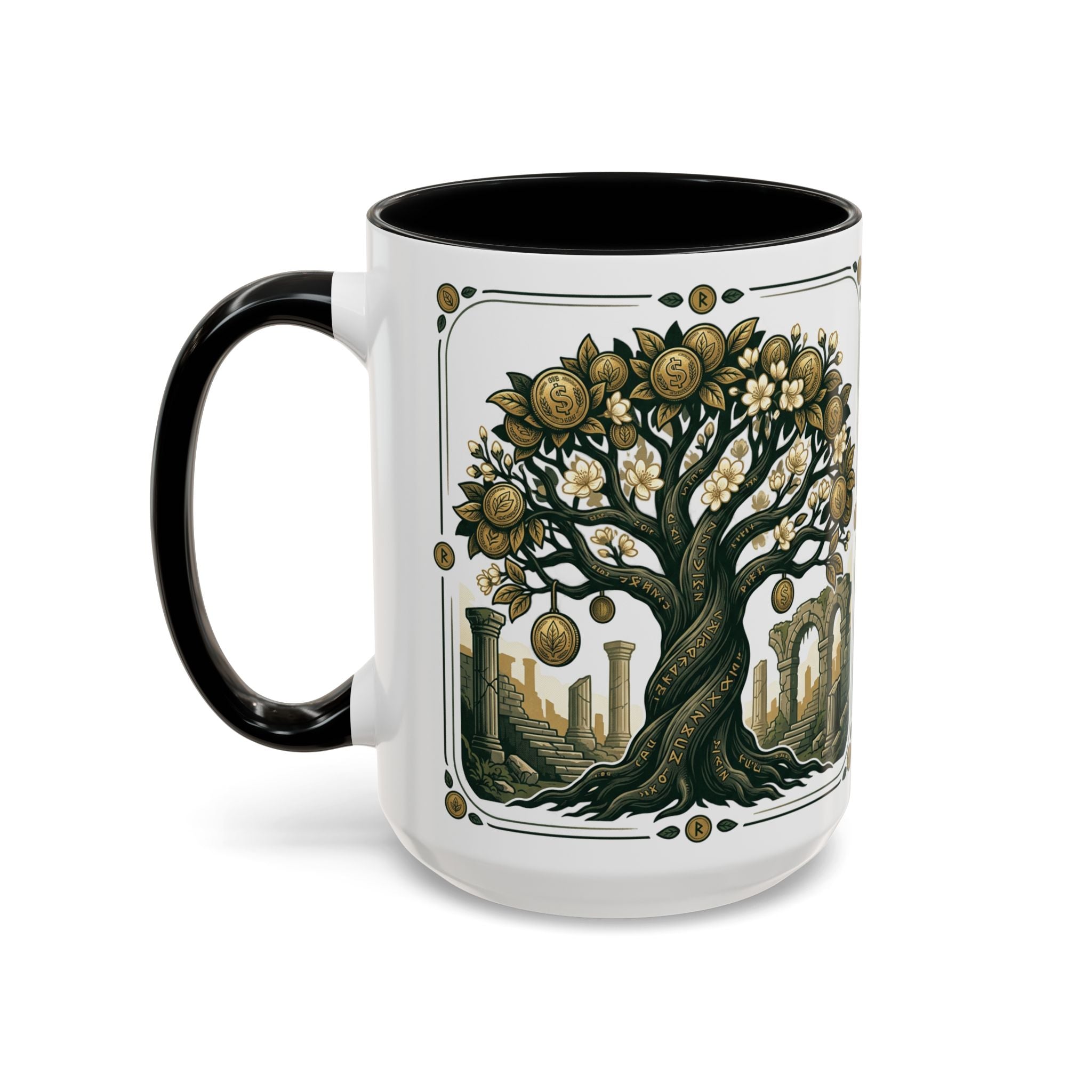 Ornate Tree of Coins Coffee Mug — Gold Ruins Accent Ceramic Mug (11/15oz)