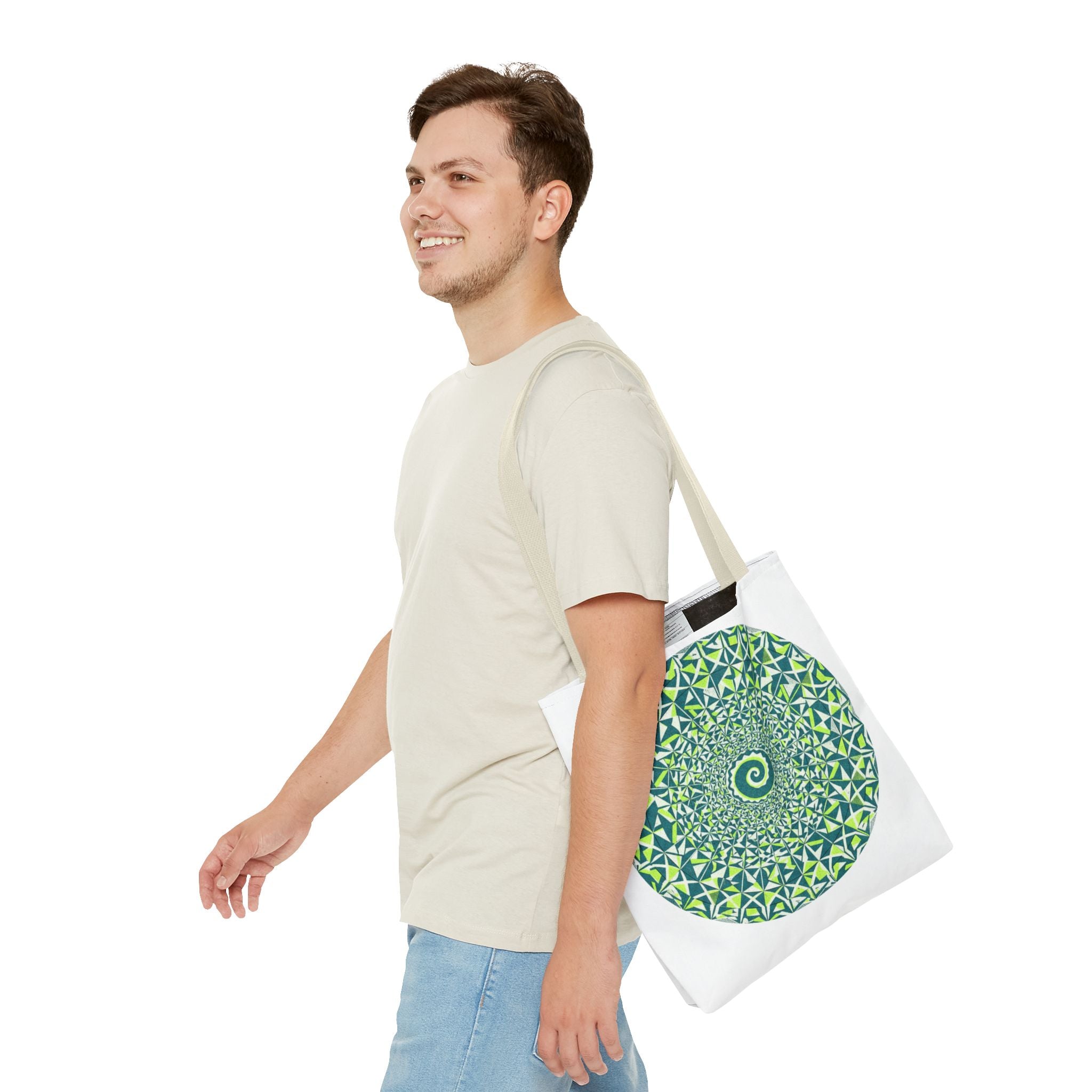 Spiral Mandala Tote Bag — Green Geometric All-Over Print Tote