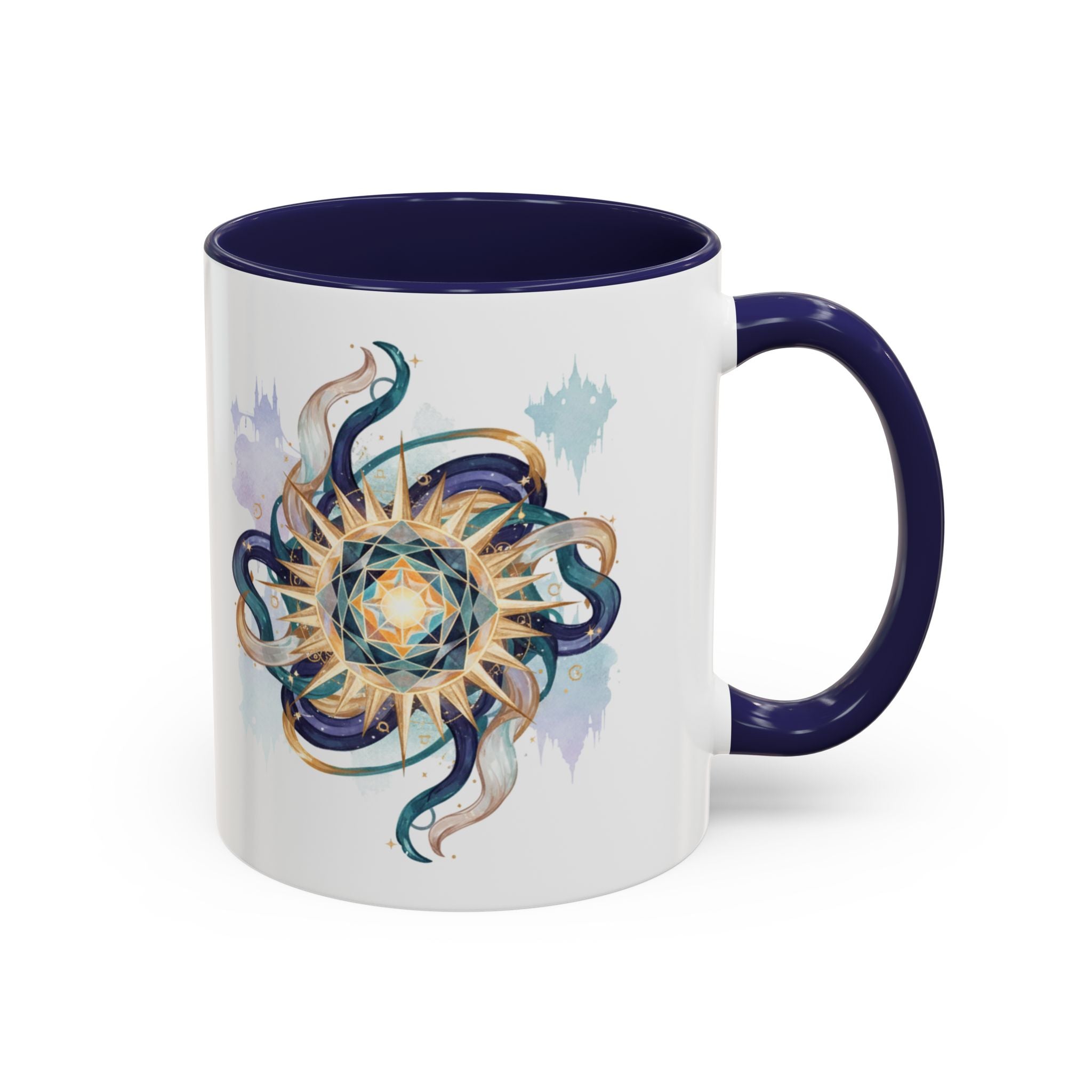 Celestial Nautilus Accent Coffee Mug — Ocean Sun Compass Art (11/15oz)