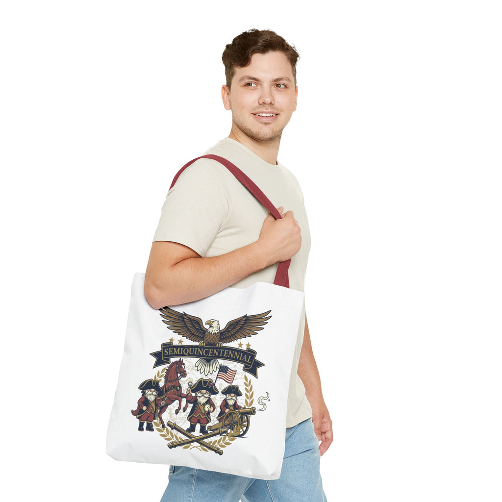 Semiquincentennial Patriotic Tote Bag — Eagle, Colonial Soldiers & Flags All-Over Print