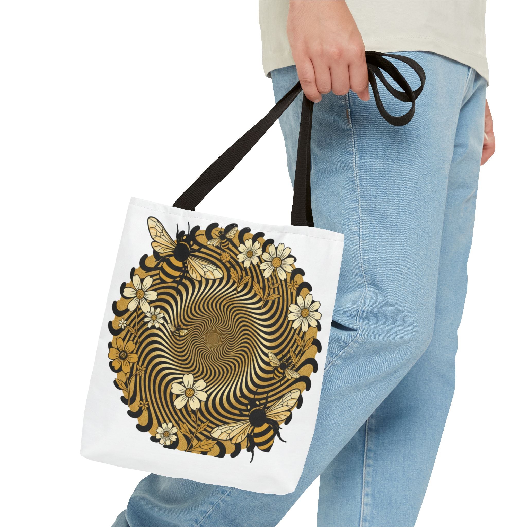 Bee Floral Spiral Tote Bag — Vintage Honeybee Floral Swirl Design