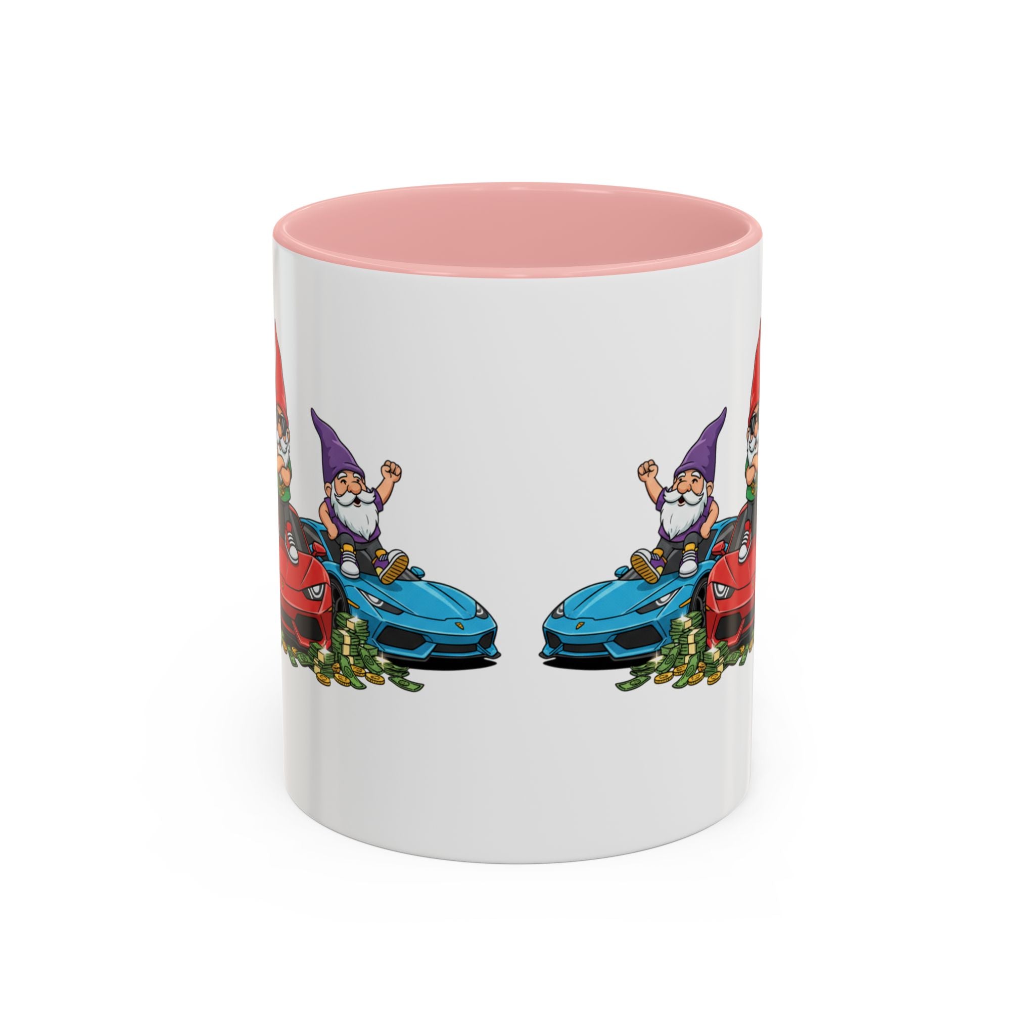 Gnome Car Crew Accent Coffee Mug — Racing Gnomes with Sports Cars (11/15oz)