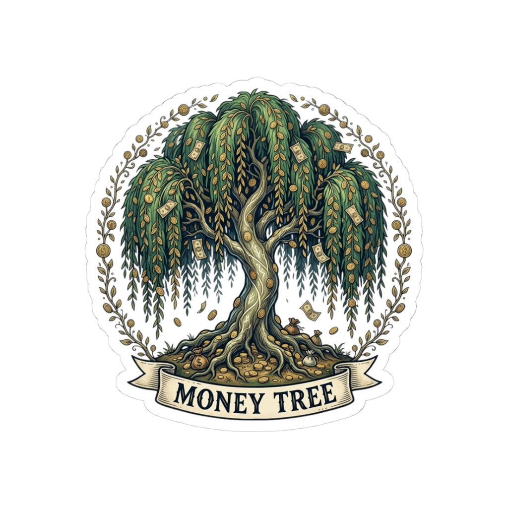 Money Tree Sticker — Illustrated Willow with Cash Leaves, Lucky Finance Laptop Decal