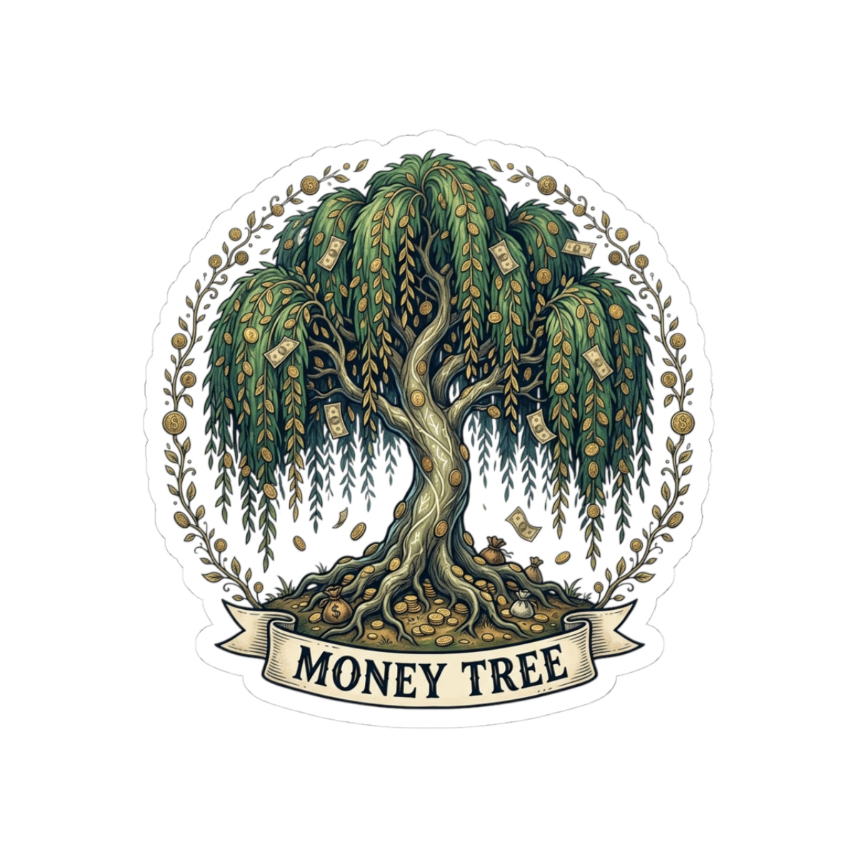 Money Tree Sticker — Illustrated Willow with Cash Leaves, Lucky Finance Laptop Decal