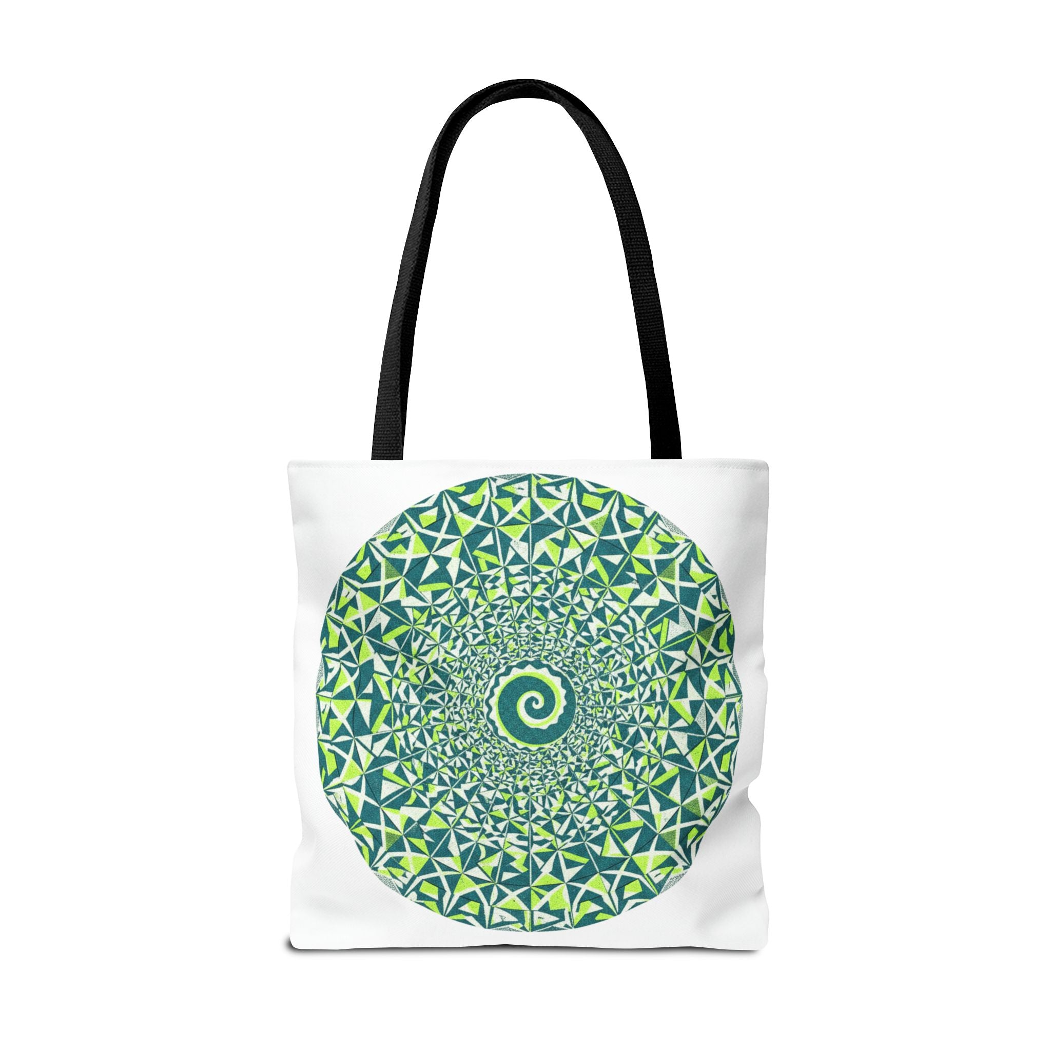 Spiral Mandala Tote Bag — Green Geometric All-Over Print Tote
