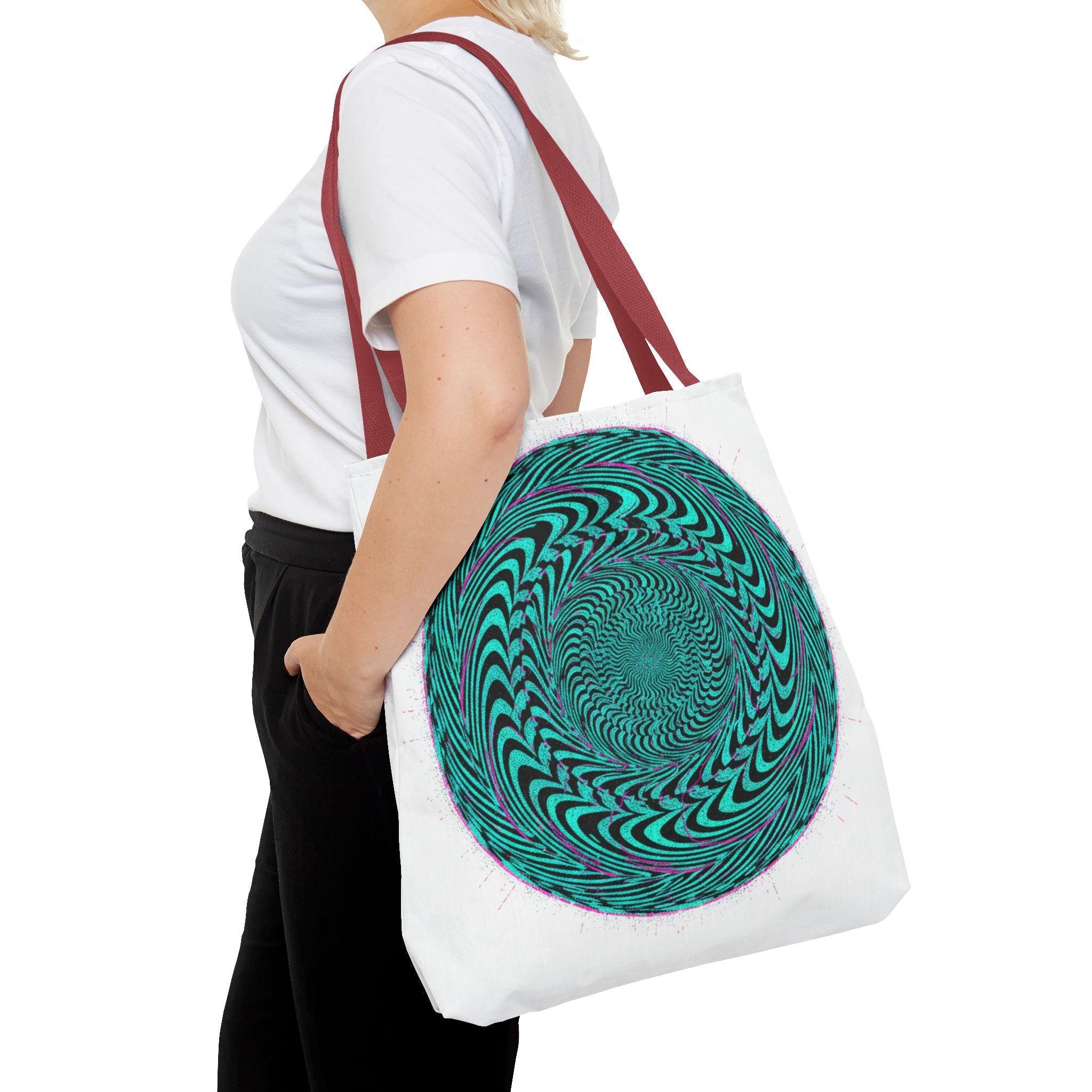 Psychedelic Spiral Tote Bag — Teal Optical Illusion All-Over Print
