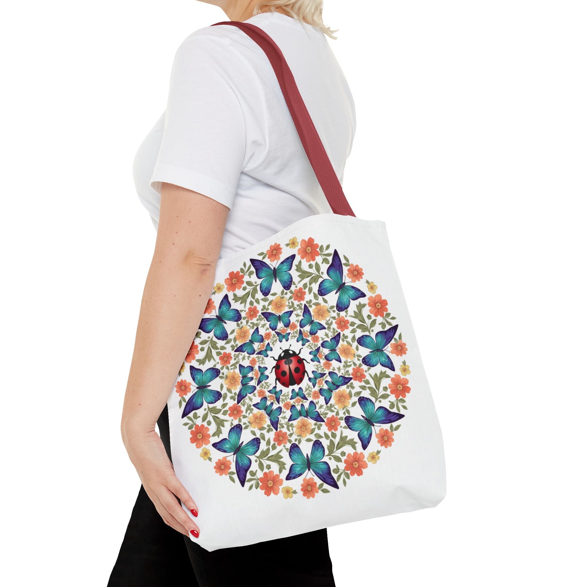 Butterfly & Ladybug Floral Tote Bag – Boho Mandala AOP Beach & Market Bag