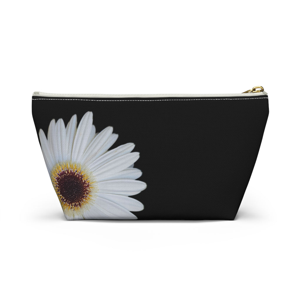 Daisy Floral Accessory Pouch — Black T‑Bottom Makeup Bag
