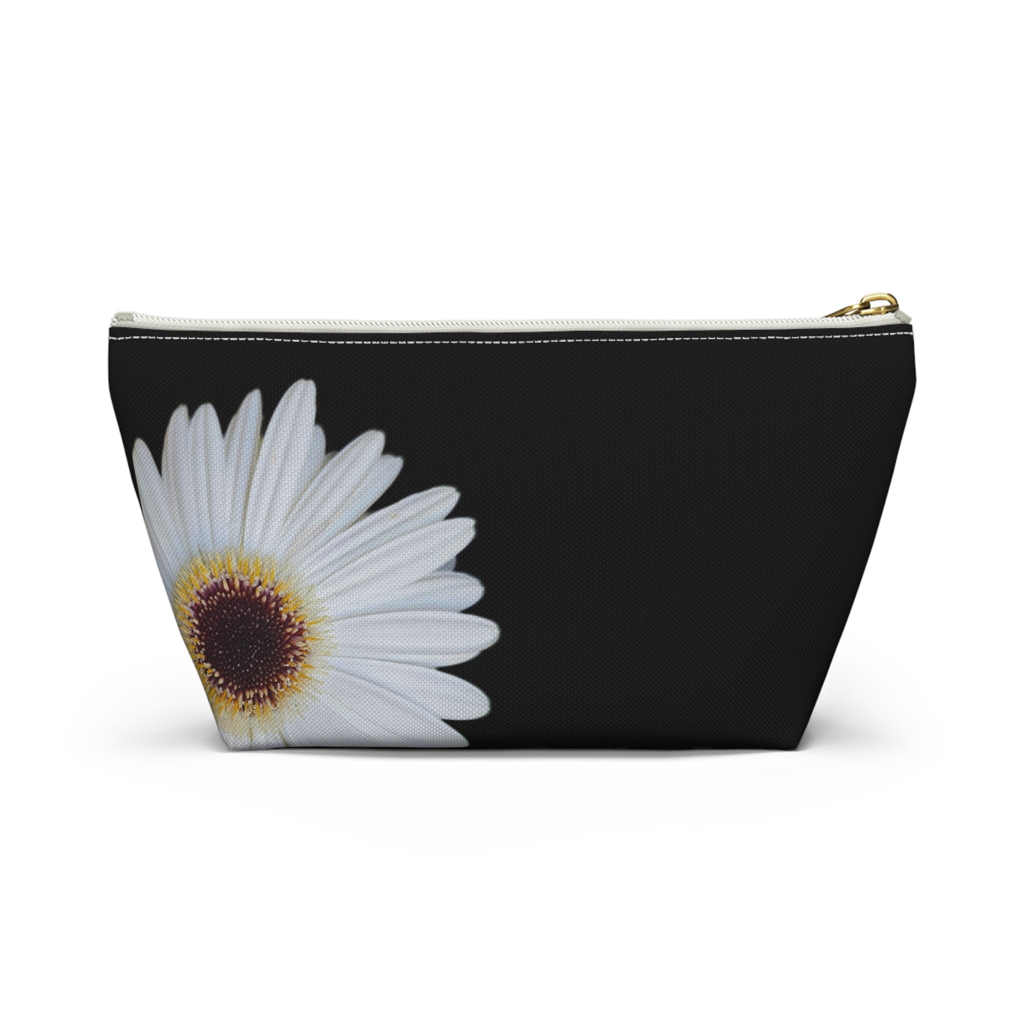 Daisy Floral Accessory Pouch — Black T‑Bottom Makeup Bag